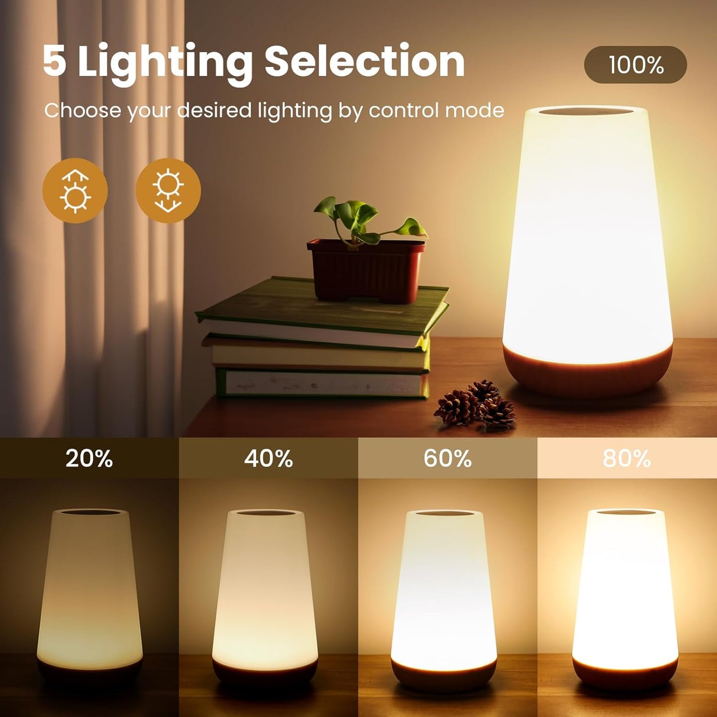THAUSDAS Telecontrol Night Light Touch Lamp: 13 Colors, 5 Brightness, Brown | Table Bedside Lamp 1500mAh USB Rechargeable - 3 Lighting Modes, 1/2/4/6H Auto - Off For Nursery & Bedroom & Camping