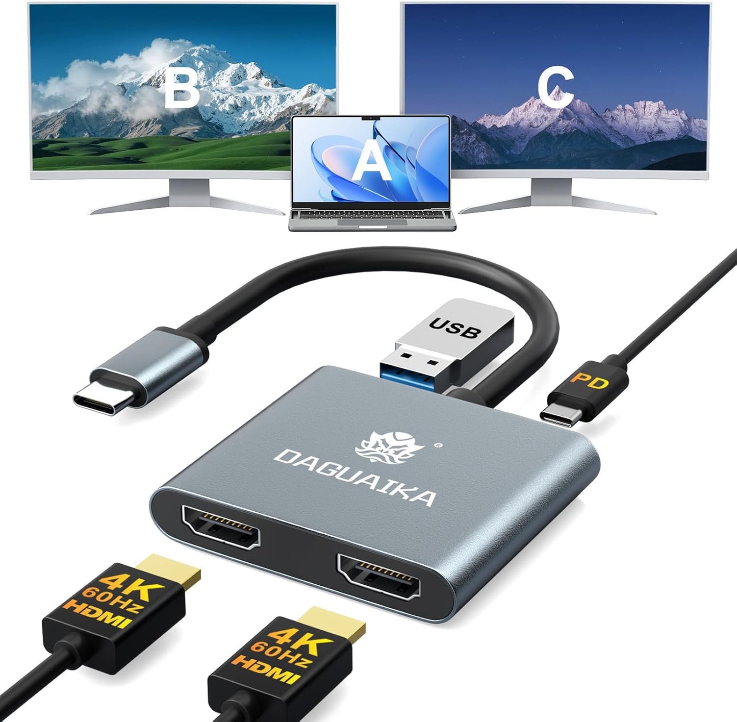 USB C to Dual HDMI Adapter 4K@60Hz, 4-in-1 HDMI Splitter for Dual Monitors, 100W PD Charging, USB A Port, Docking Station for MacBook/LenovoYoga/Thinkpad, XPS and More (macOS only Support SST Mode)
