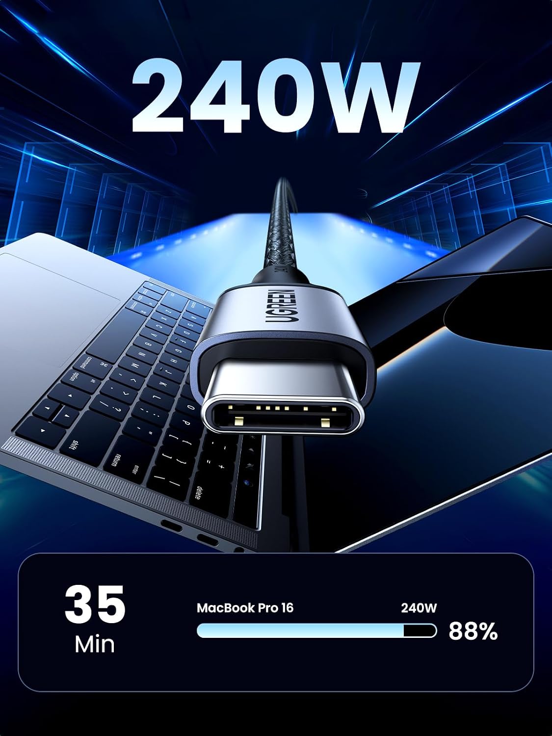 UGREEN 240W USB C to USB C Cable, Fast Charging Cable, 6.6ft, Black | For iPhone 17/16/15, MacBook Pro/Air, iPad Pro/Air/Mini, Galaxy S26/S25/S24, Dell XPS, Pixel, Switch, and more. Nylon Braided