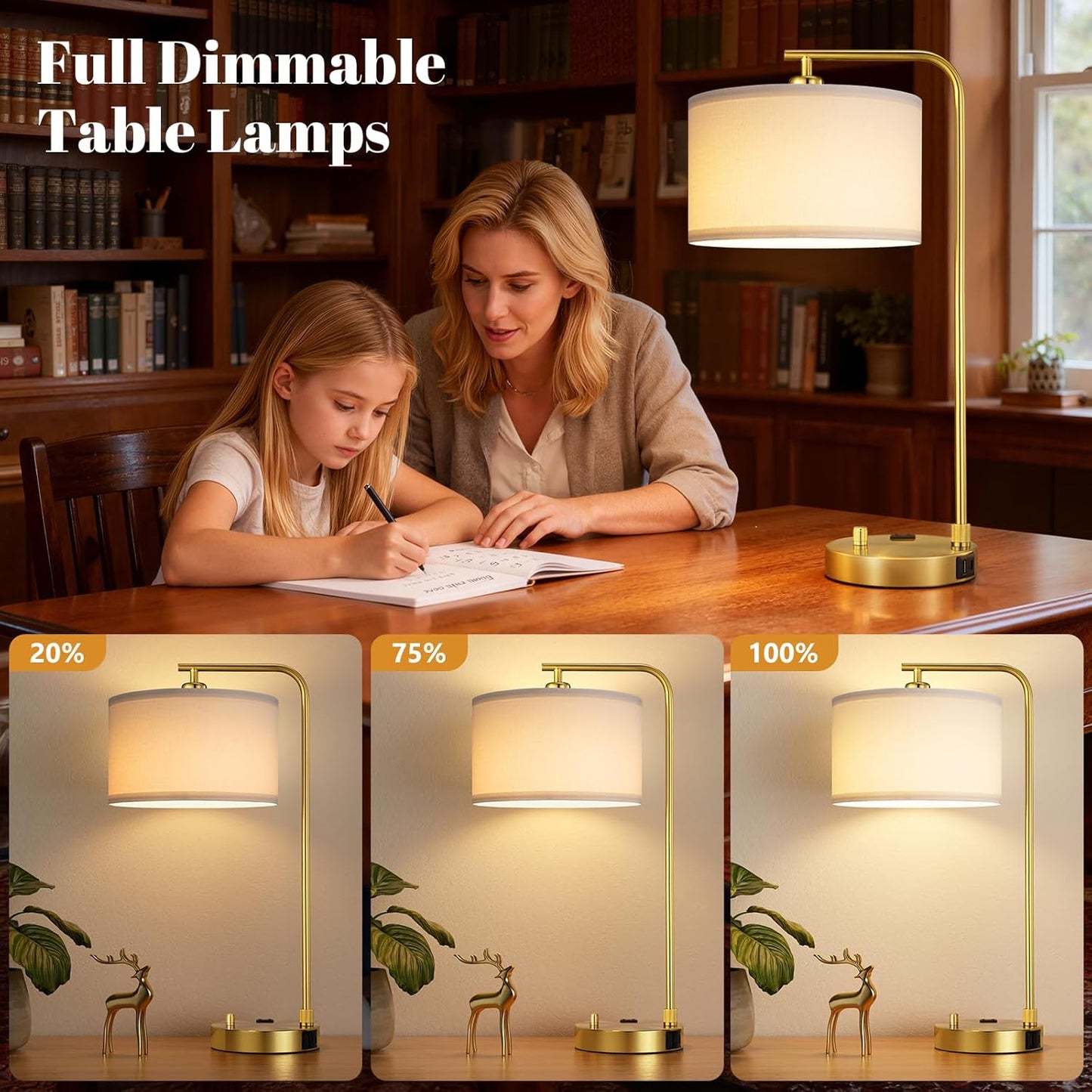 Gold Bedside Lamps Set of 2, Fully Dimmable Lamps for Night Stands, USB A+C | Modern, Linen Lampshade, USB Port and Outlet, Tall Desk Lamps for Bedroom, Nightstand, Living Room, Home Office, End Table