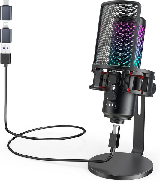 ZealSound USB Microphone for iPhone iPad Android & PC, All-Metal RGB Mic with Mute, Gain Knob, Real-Time Monitoring, Heavy-Duty Base & Detachable Pop Filter, for Podcasting Streaming Gaming TikTok