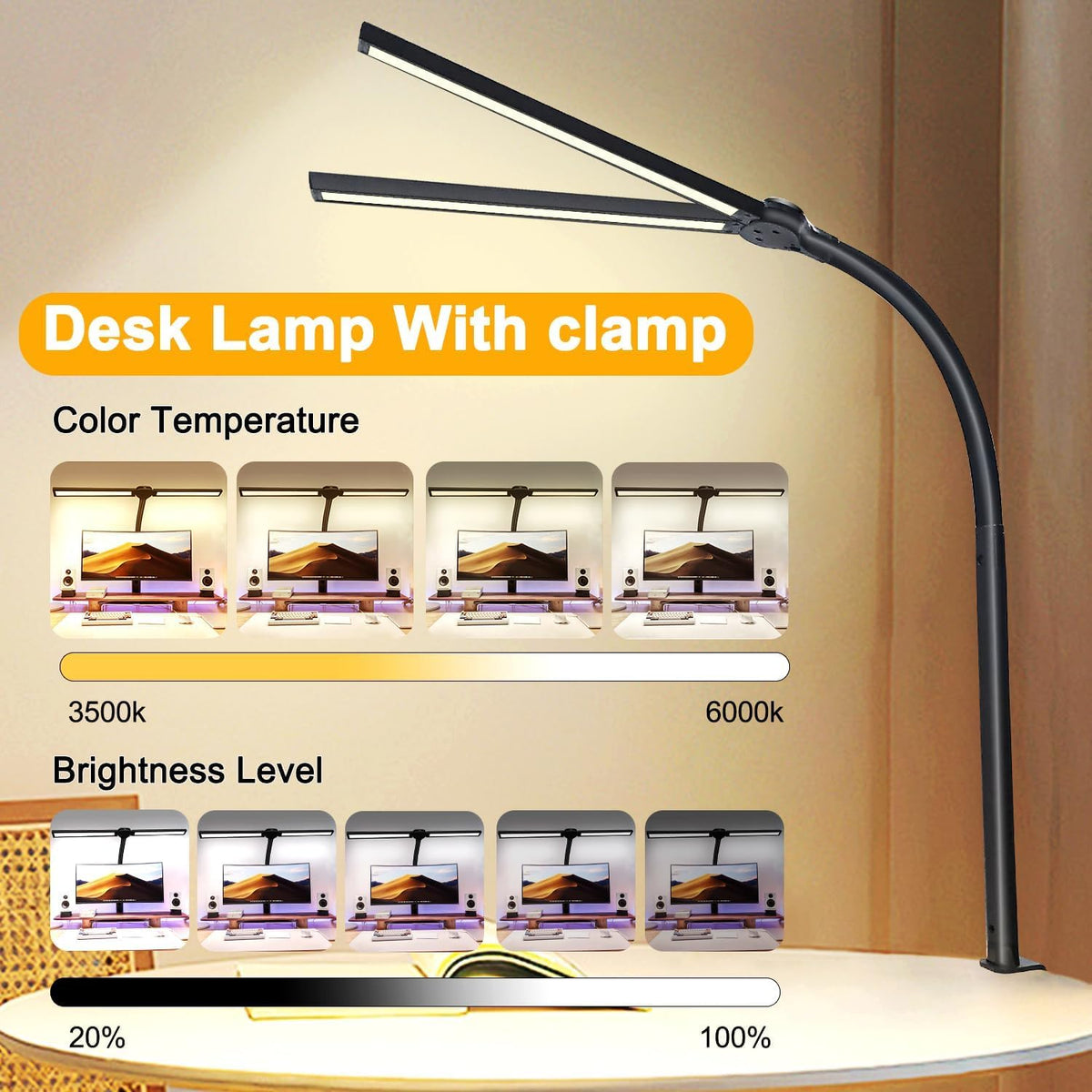 Double Head LED Desk Lamp for Office - Eye Caring Lamp with Clamp