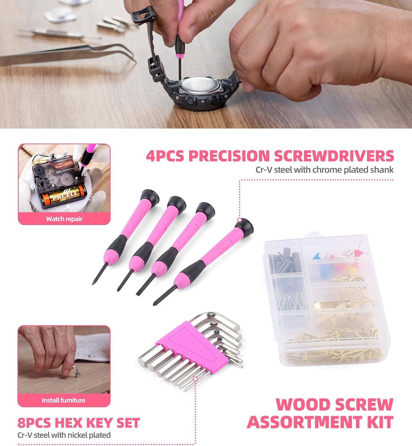 URASISTO Pink Household Tool Set with 3.6V USB Electric Screwdriver, 136 PCS Home Tool Kit with Cordless Lithium-ion Drill Driver, Hand Tool Kits for Women