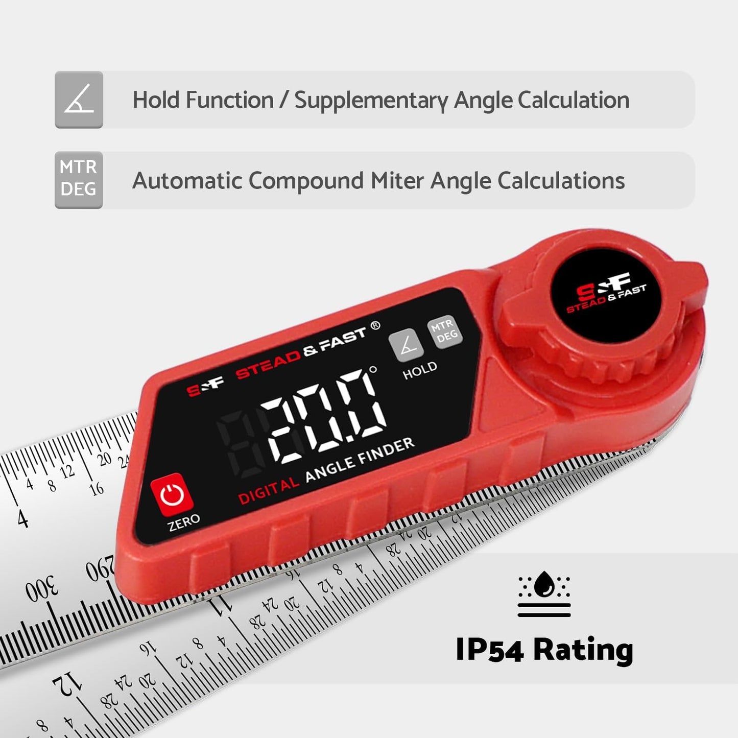 S&F STEAD & FAST Digital Angle Finder with Miter Button, 7 Inch / 200 mm | Secure lock knob, XL LED Display, Stainless steel arms, High-precision, Versatile protractor, for Miter saw & Crown molding
