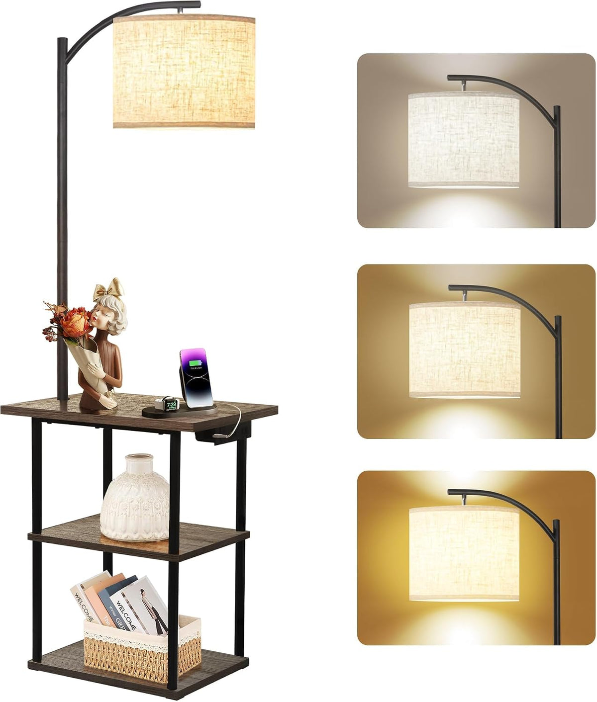 PESRAE Floor Lamp with Table, End Tables with Charging Station(USB & Type-C & AC Port), 3 Color Temperatures 9W LED Bulb, Modern Shelves Side Table for Bedroom, Living Room