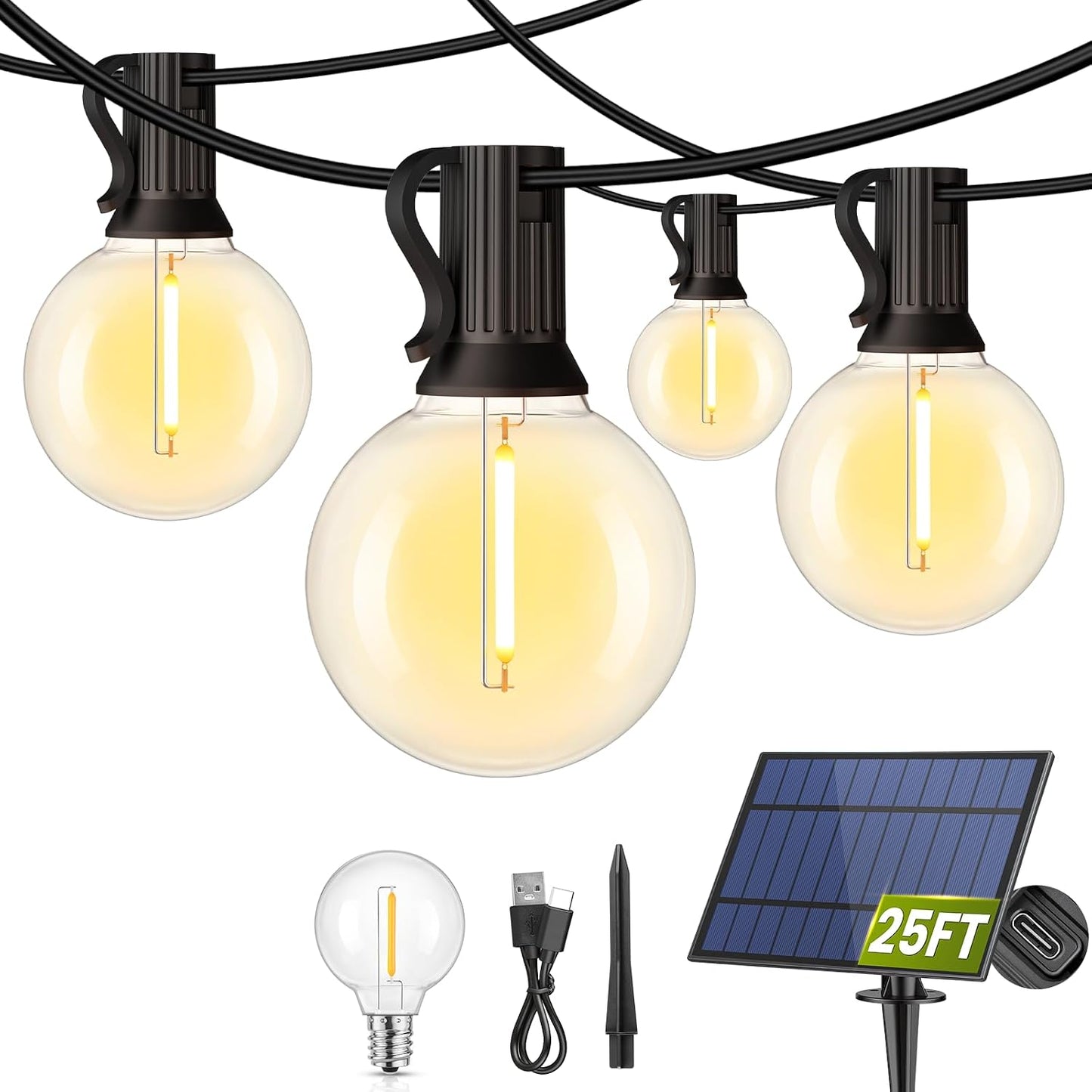 25FT Solar Powered String Lights with 10+1 LED G40 Bulbs, Black | IP65 Waterproof, Solar and USB Dual Charging, Auto On/Off, Shatterproof, Energy-saving, Patio Lights Balcony Backyard Decor
