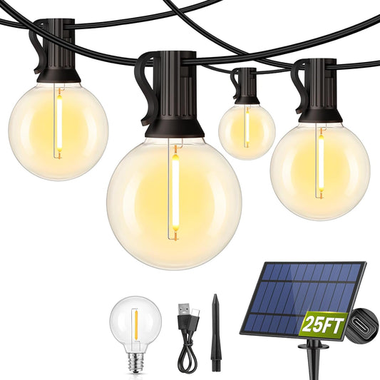 25FT Solar Powered String Lights with 10+1 LED G40 Bulbs, Black | IP65 Waterproof, Solar and USB Dual Charging, Auto On/Off, Shatterproof, Energy-saving, Patio Lights Balcony Backyard Decor