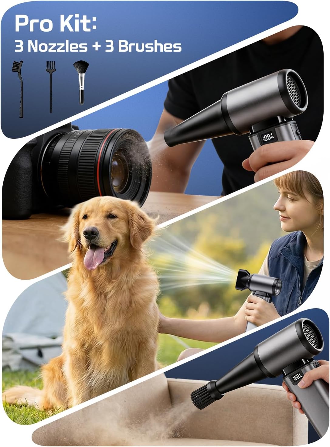 130000RPM Compressed Air Duster,Rechargerble with Brushless Motor | 5-Gear Adjustable,2.5H Fast Charge,3 Nozzles + 3 Brushes,54m/s Wind Speed,185g Wind Pressure，for Car and Keyboard