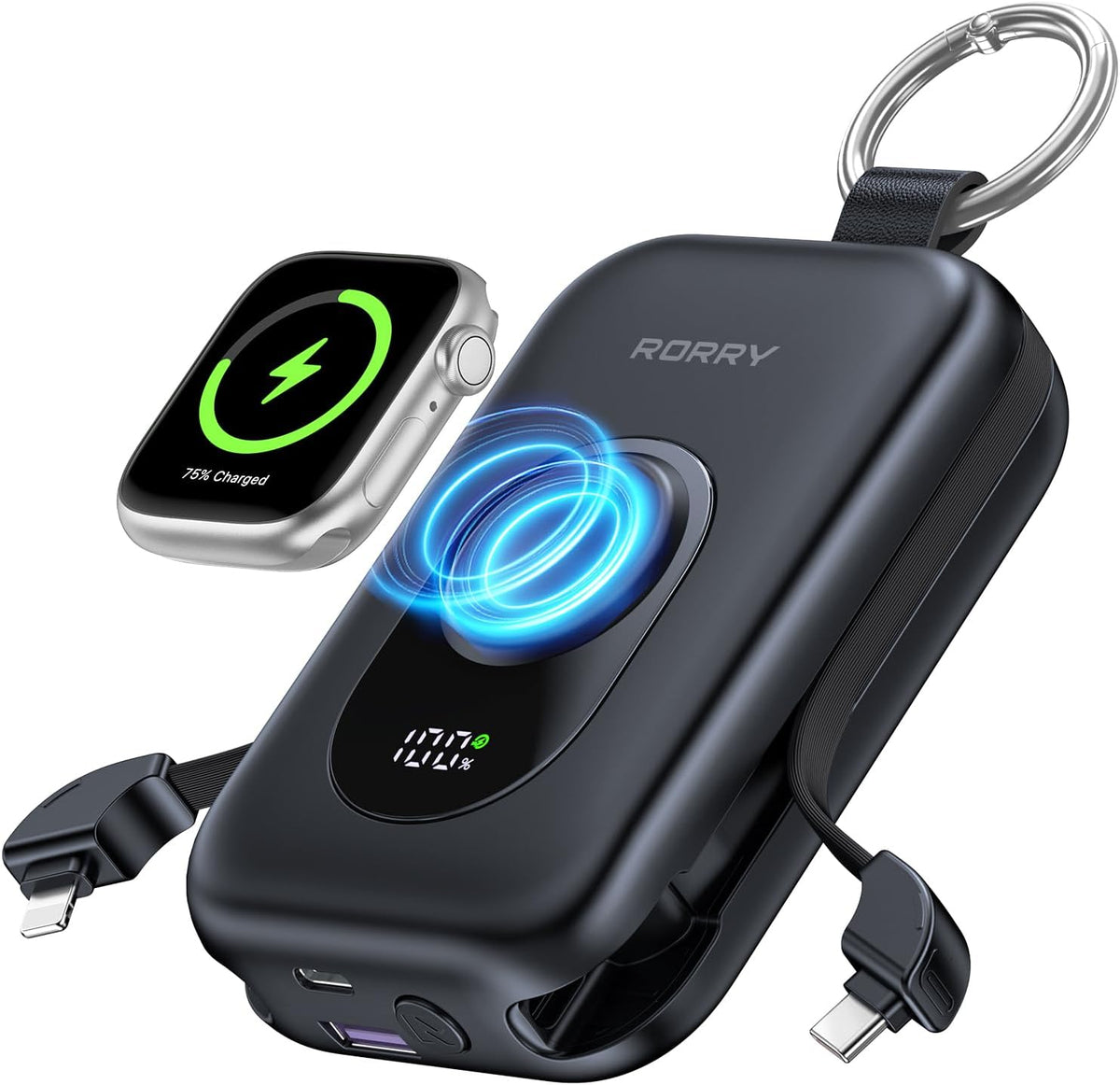 RORRY CharmGo Portable Charger, 20000mAh PD 30W Portable Charger Power Bank | Built-in Cables, Fast Charging Keychain Portable Battery Pack, Travel Essentials for iPhone, Apple Watch, iPad