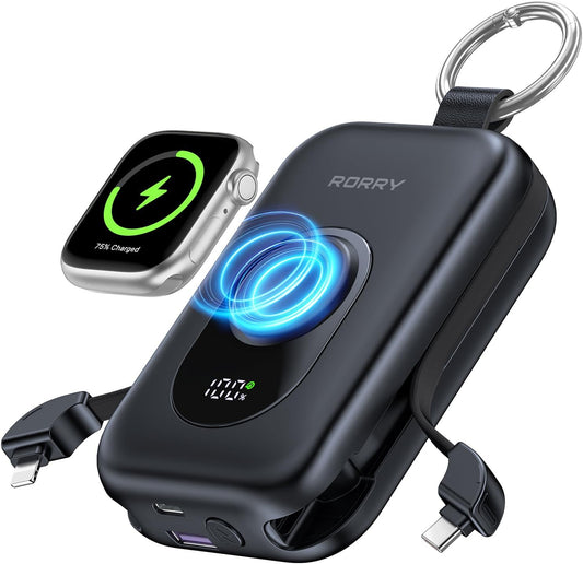 RORRY CharmGo Portable Charger, 20000mAh PD 30W Portable Charger Power Bank | Built-in Cables, Fast Charging Keychain Portable Battery Pack, Travel Essentials for iPhone, Apple Watch, iPad