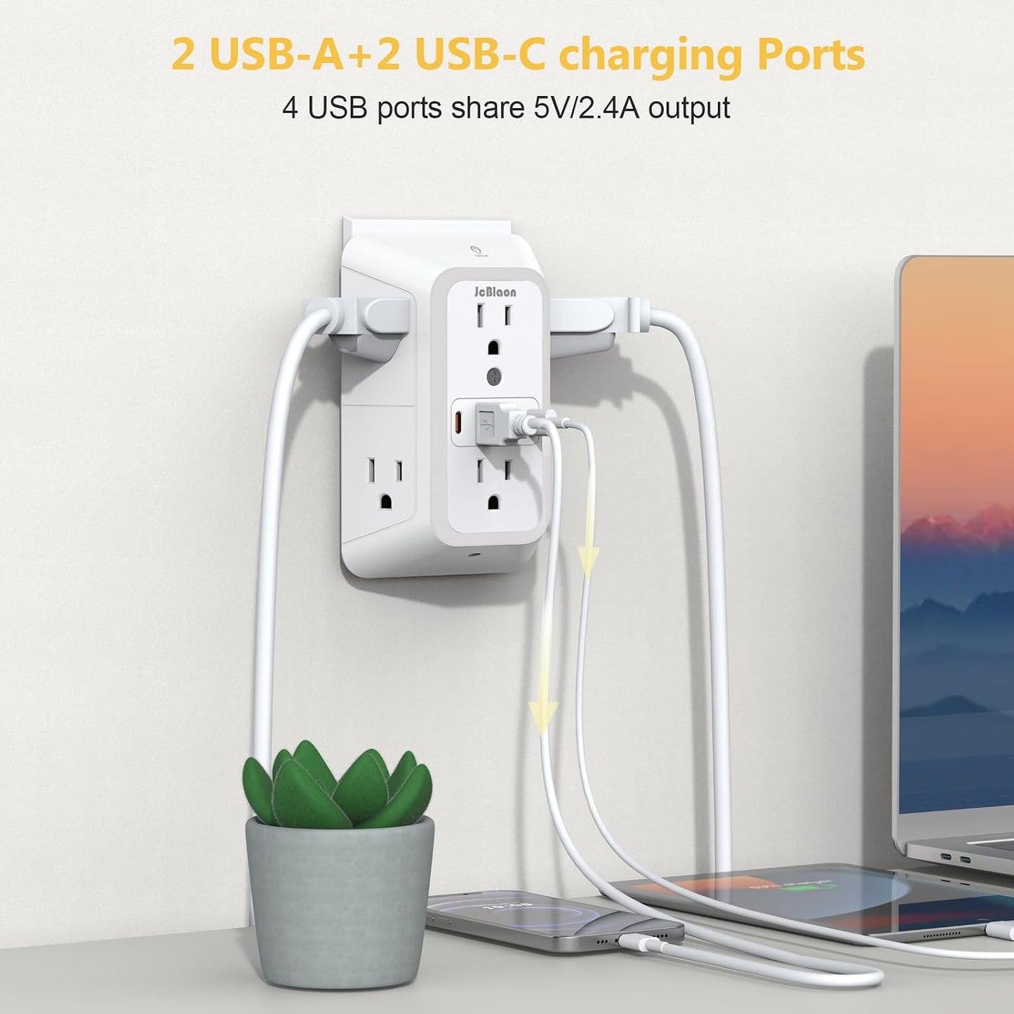 Wall Outlet Extender with Night Light, Power Plug Adapter 6 Outlet Extender with 4 USB Charging Ports 1050J Power Strip Multi Plug Adapter Spaced for Home Travel Office (2U2C)-ETL