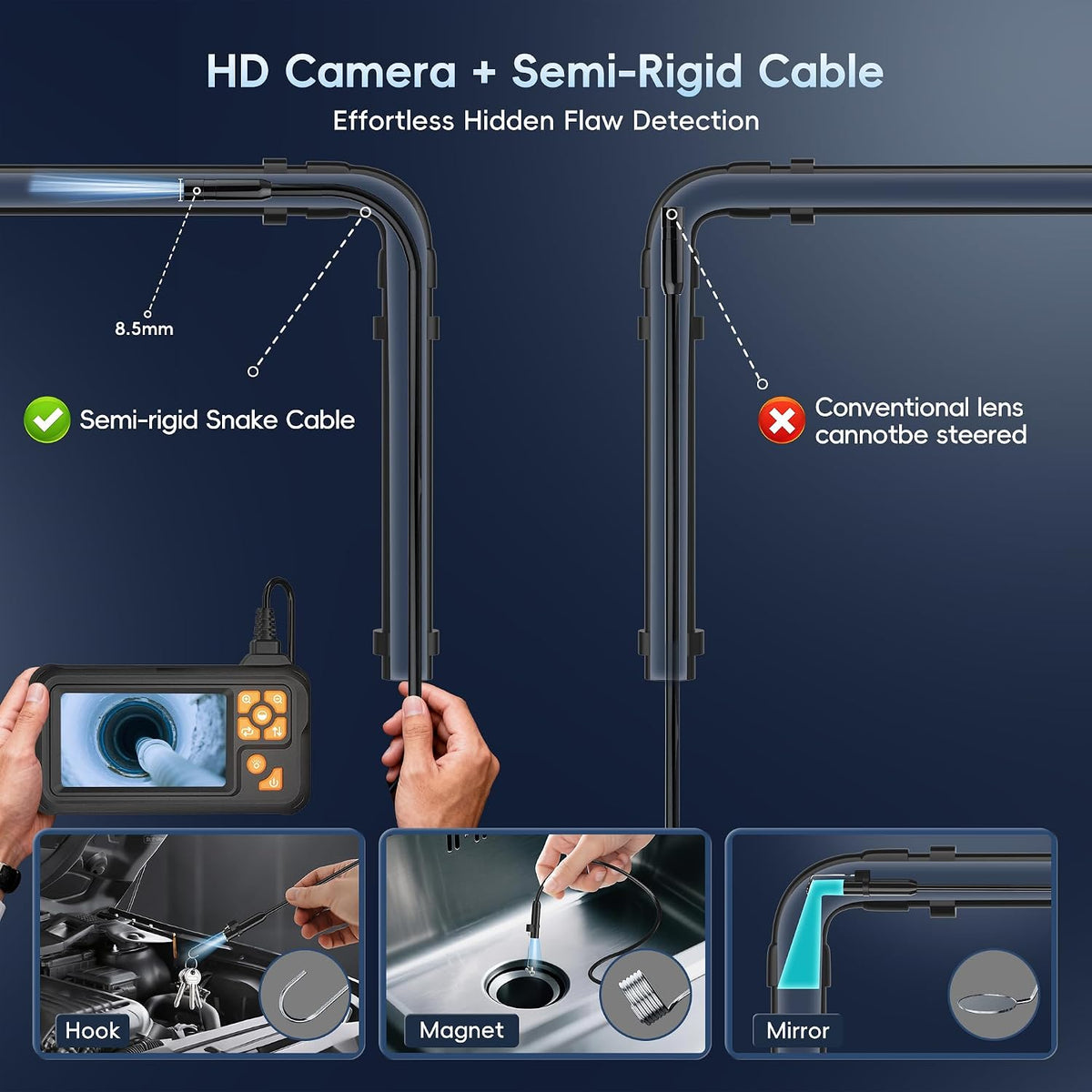50FT Inspection Endoscope Camera with Light,1080P HD Borescope Camera | IP67 Waterproof Sewer Camera with 8 LED Lights Snake Camera with 4.3" IPS Screen, Semi-Rigid Cable for Auto & Plumbin Tools