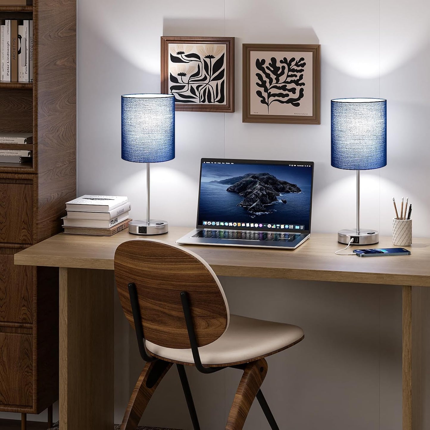 Touch Lamps for Bedroom Set of 2 - Dimmable, USB C+A, AC Outlet | Large 17.6" Tall Lamp, 3-Way Dimming, 5000K Daylight Bulbs, Navy Blue Lampshade Silver Base, Decor for Living Room, Boys, Men
