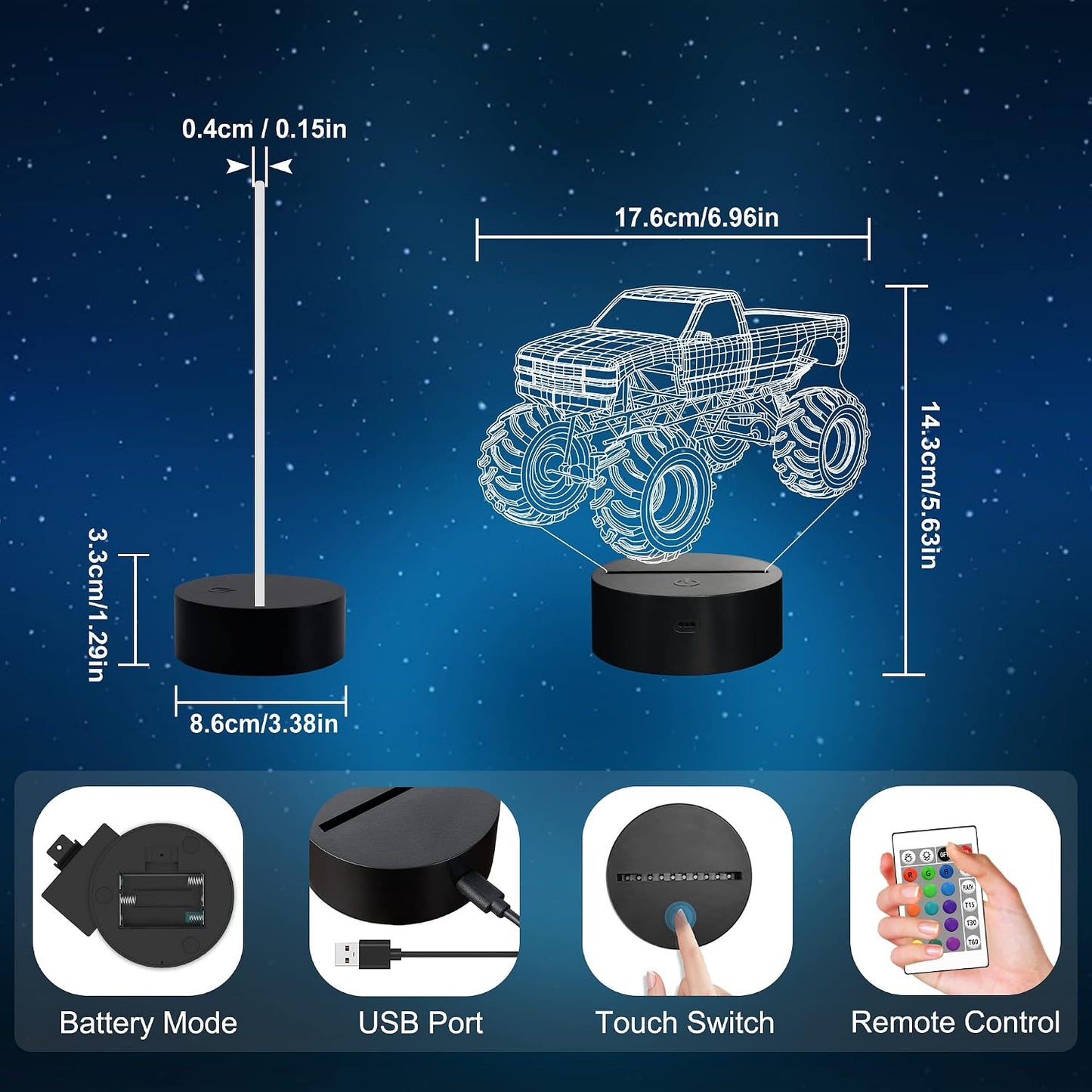 3D Night Lights for Children, Kids Night Lamp, Monster Trucks for Boys, 16 LED Colors Changing Lighting, Car Shape Acrylic Lighting Table Desk Bedroom Decoration, Ideas Birthday Xmas