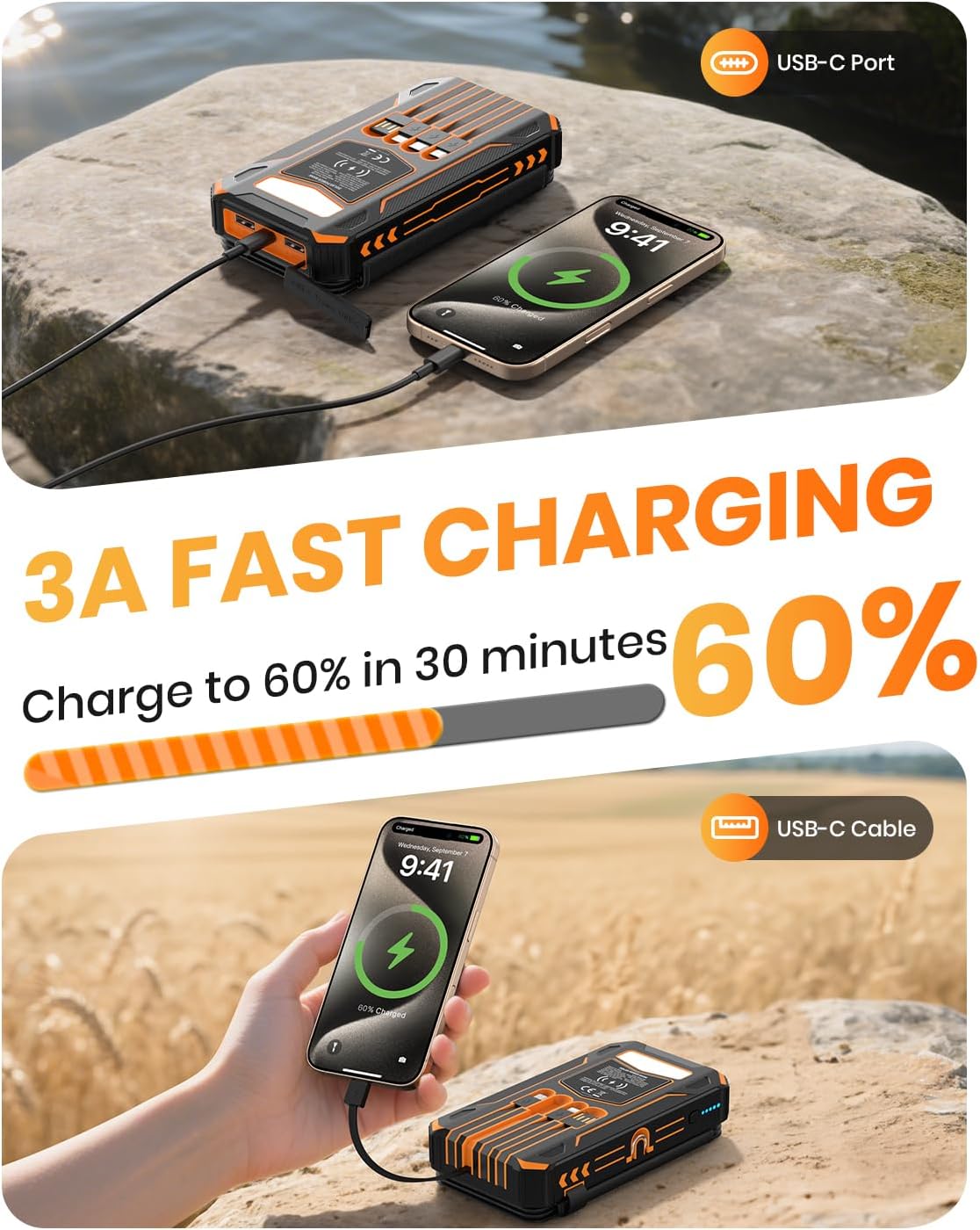 SOARAISE Solar Power Bank 48000mAh Wireless Portable Charger with 4 Cables | Solar Charger with 4 Solar Panels, 48000mAh High Capacity, PD QC 3.0 Fast Charging Battery Pack, Flashlights for Camping