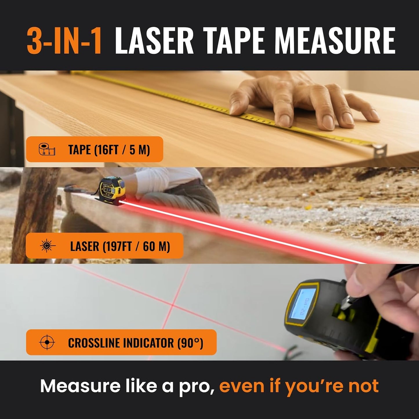 The Almighty Ruler Laser Tape Measure | Laser Distance Measurer, Heavy-Duty Tool with Cross Marking Feature, Smart Range Finder, Easy-Read Display, Ft & Metric Measurement | 131 ft | 43 yd | 40 m