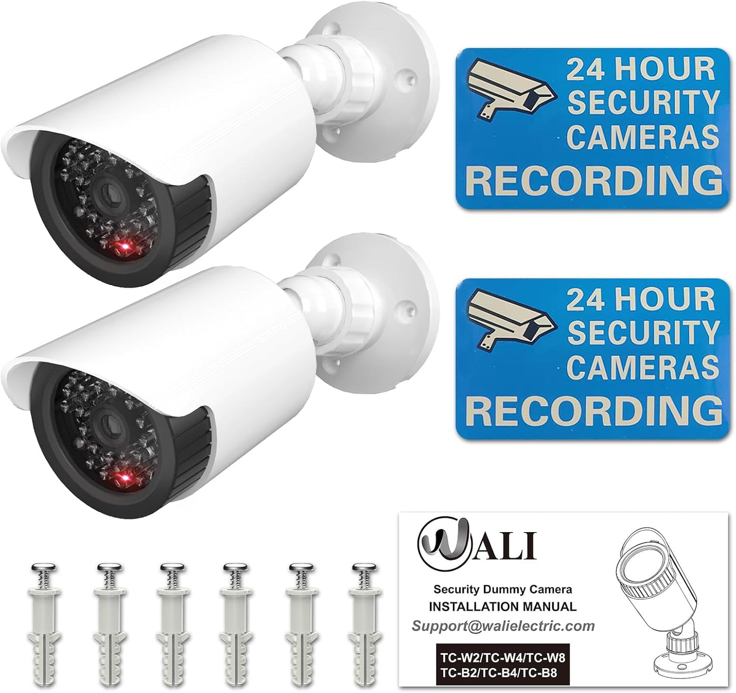 WALI Fake Security Camera with Flashing Red Light, 2 Pack, White（TC-W2） | Dummy Cameras for Outside Indoor, Home Simulated Surveillance Cam, Realistic Look, Weatherproof, Warning Sticker Included