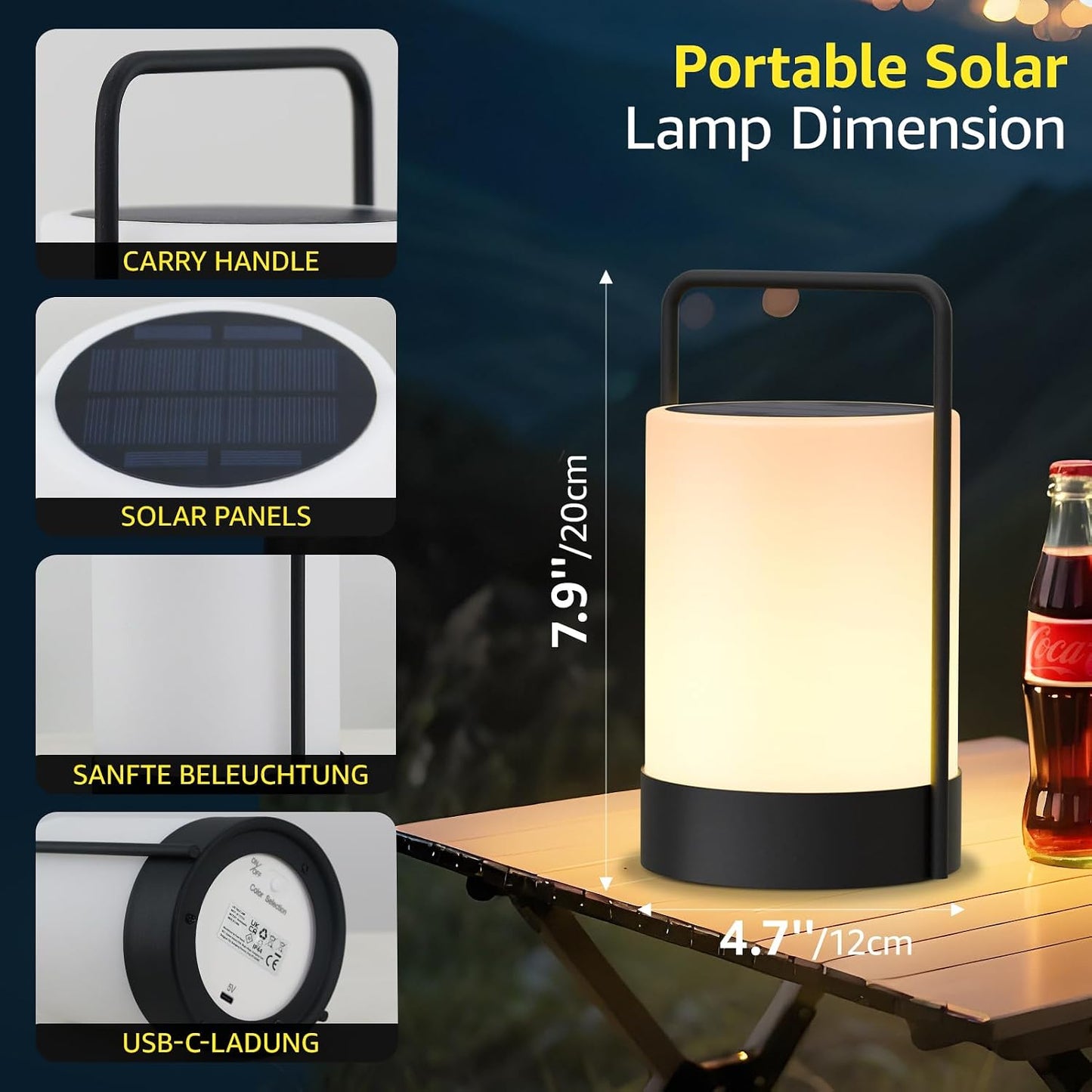 uuffoo Solar Lantern Outdoor Waterproof Table Lamp Cordless Metal Frame | IP44 Weather Resistant RGB and Warm White 7-15H Battery Life for Indoor Outdoor Patio Camping Restaurant Terrace By the Pool