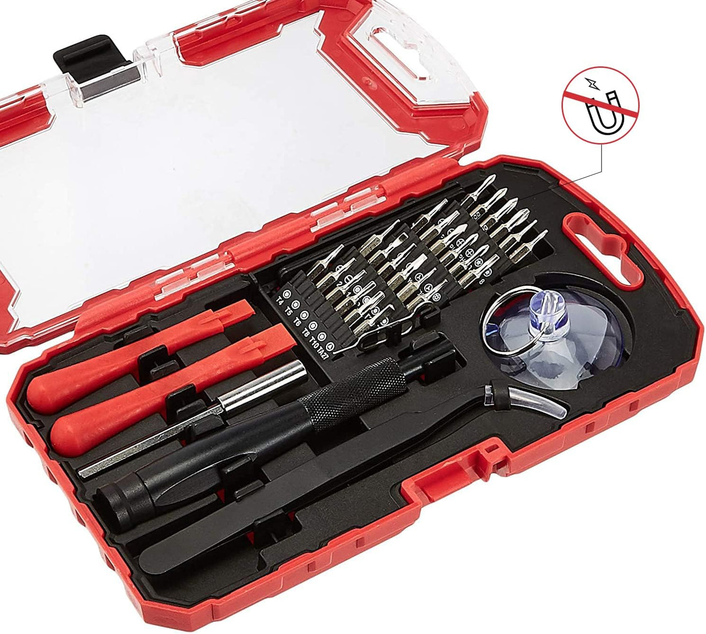 Amazon Basics Precision Screwdriver Set, 32-Piece Electronics Repair Tool Kit for Laptops, Smartphones, Eyeglasses, Watches, Magnetic Tip, Red