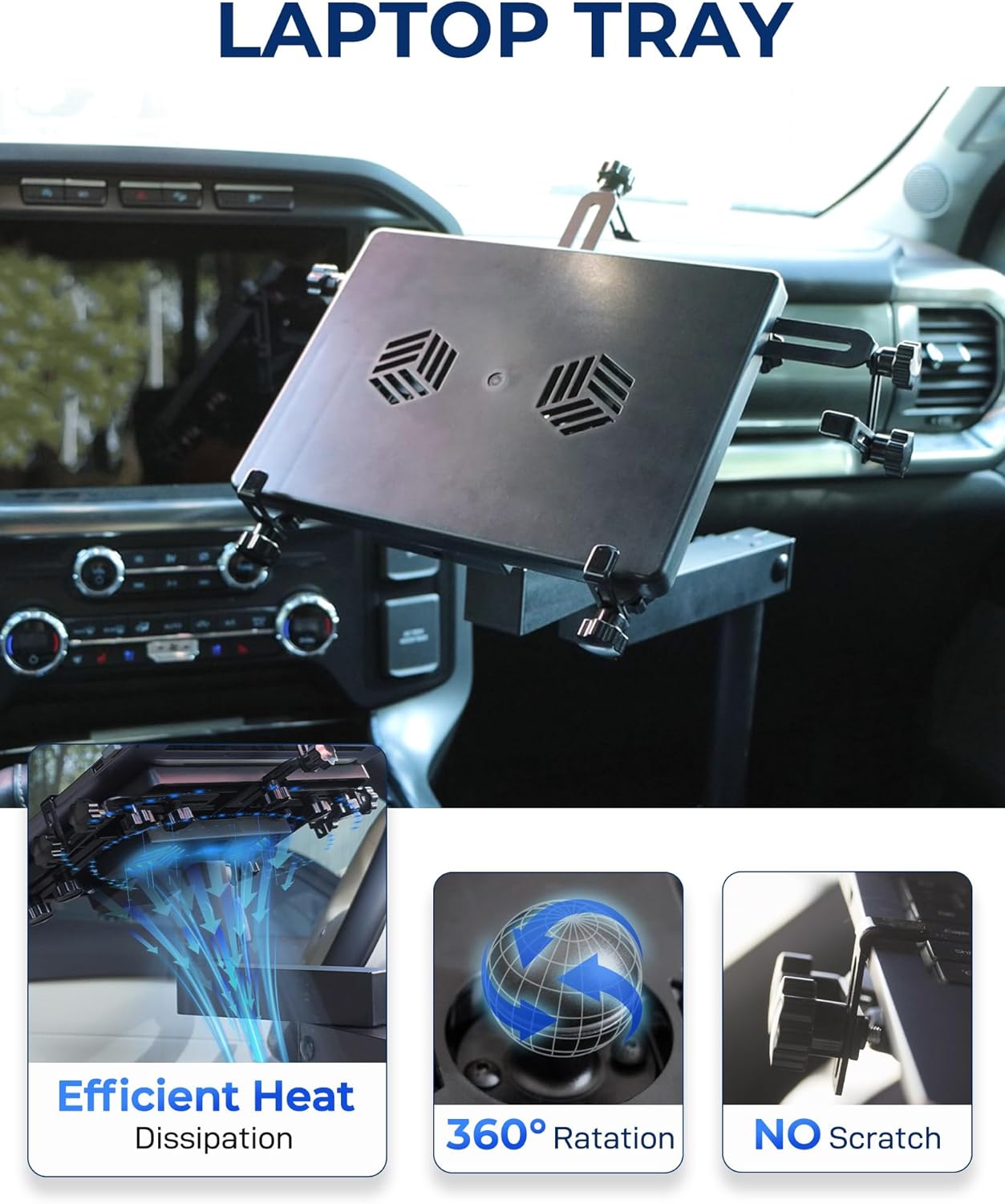 Truck Laptop Mount Fit for 19-25 Chevy Silverado, Tahoe, GMC Sierra, No-Drilling Vehicle Laptop Mount Built-in Cooling Fan Adjustable Truck Computer Stand