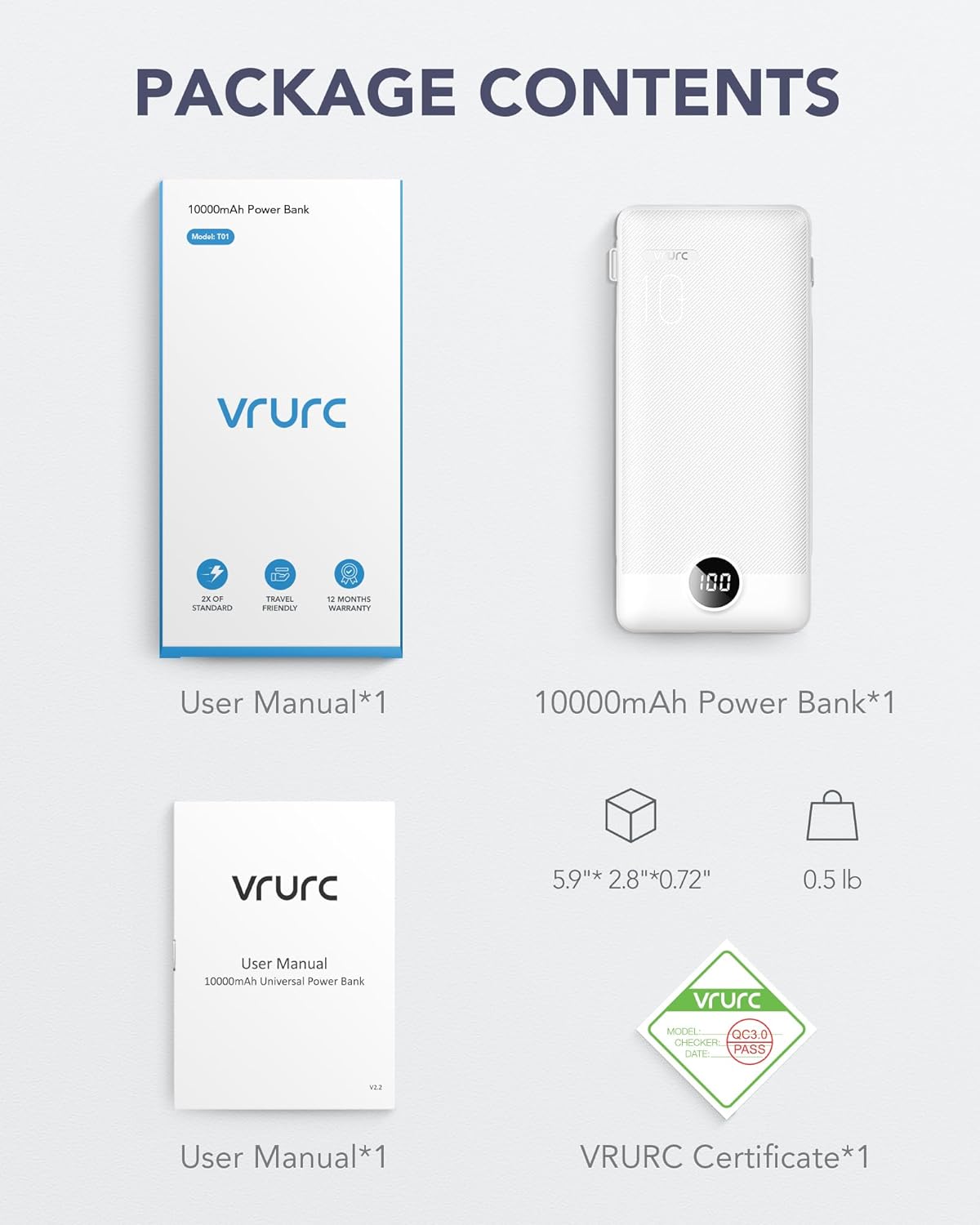 VRURC 3-in-1 Portable Charger, Built-in Cord & Foldable Wall AC Plug-White | 10000mAh Portable Power Bank, Travel Battery Pack for Smartphones, USB-C Emergency External Charger for Trip- (1 PACK)