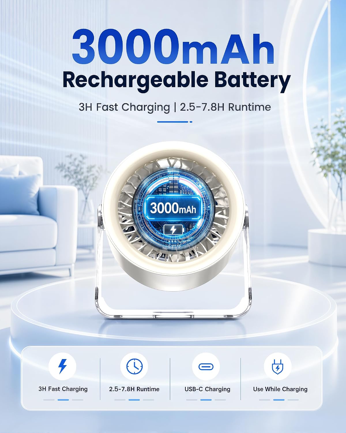 Cordless Wall Mounted Fan, Small Rechargeable Wall Fan for Bedroom and Kitchen, 100 Speeds Quiet Fan with Digital Display, 120° Tilt 2-in-1 Portable Desk Fan for Bunk Bed(White)