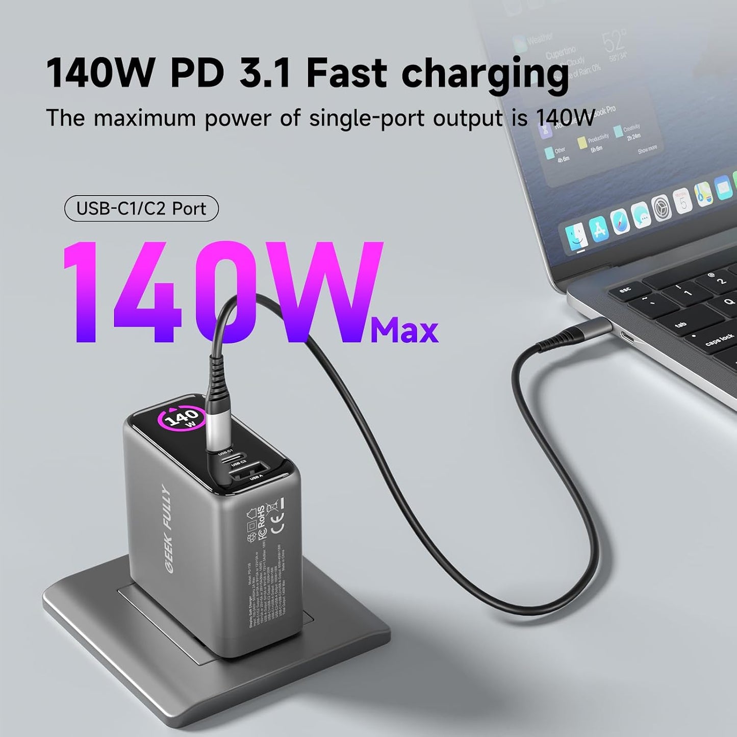 140W MAX USB C Charger | 3-Port Fast Charging Station (2xUSB-C PD3.1 + USB-A QC3.0) | Intuitive Touch Controls, for for MacBook, iPhone 17/16 Series, Samsung Galaxy, Pixel and More