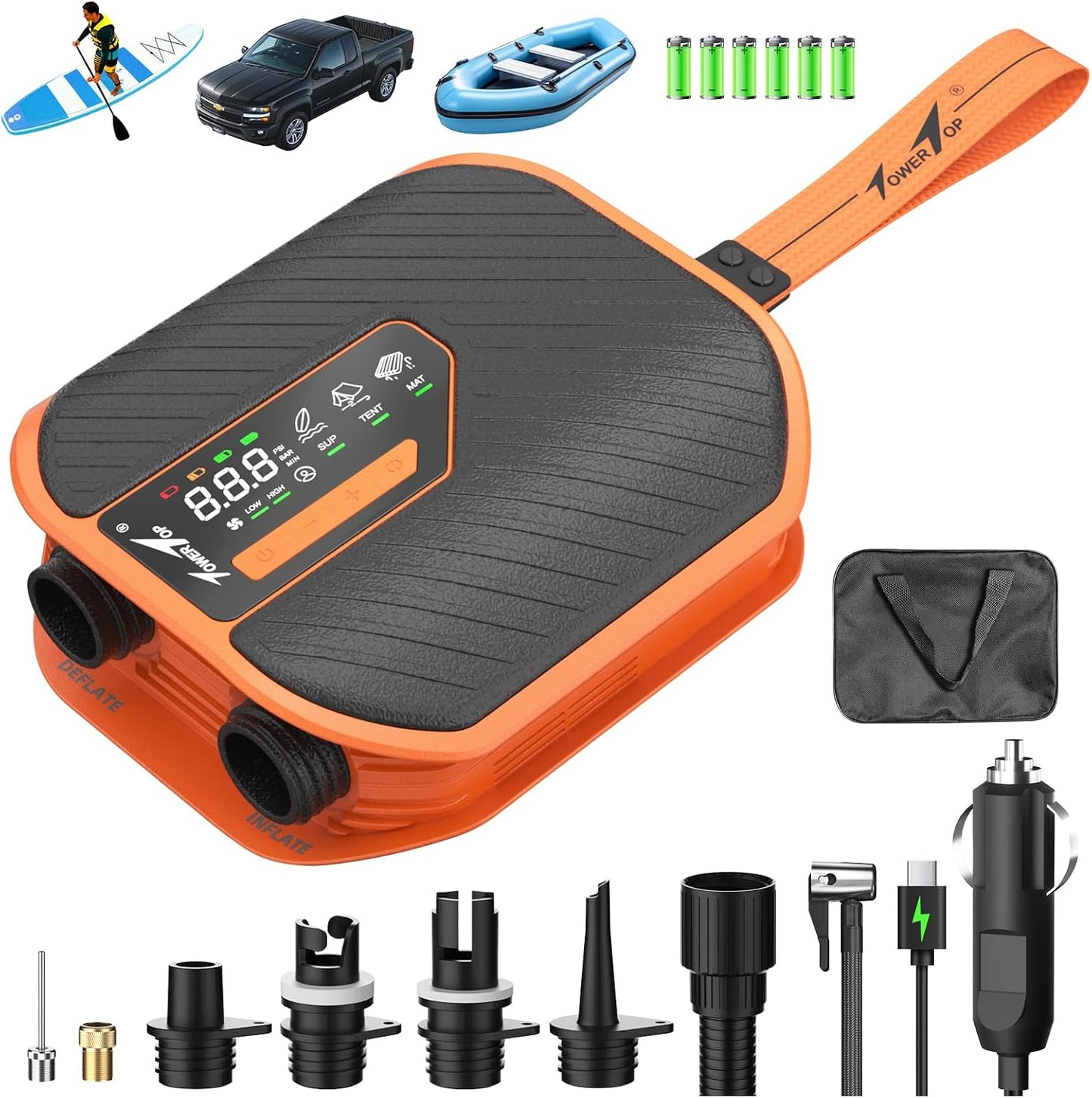TowerTop Electric Paddle Board Pump: 10500mAh Rechargeable Car/SUP Pump, 50PSI Paddleboard Pump, 12V DC Dual Stage (Inflation & Deflation) with 8 Nozzles for Paddle Boards, Inflatables, Kayaks, Car