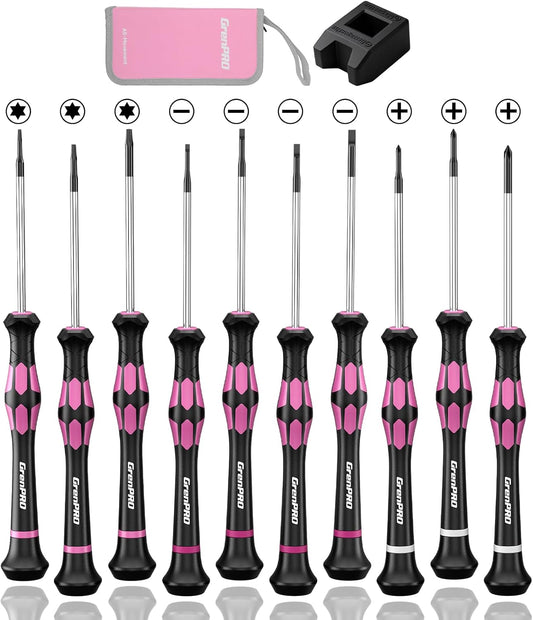 GRENPRO 10-Piece Precision Screwdriver Set, Magnetic Small Screwdrivers with Phillips, Slotted, Torx Star for Eyeglass, Watch, Computer, Laptop, Phone,Pink