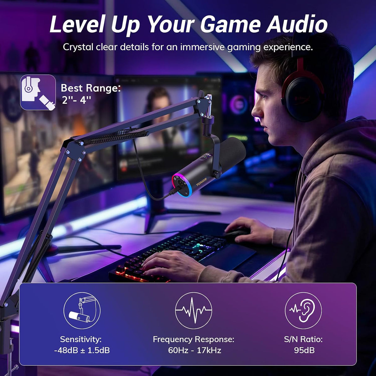 TONOR Dynamic Gaming Microphone XLR/USB Mic with AI Noise Cancellation | Boom Arm Set, RGB, Tap Mute, 3.5mm Jack, Gain Control, Microfono for Content Creators, Black, TD510 AIR S H+