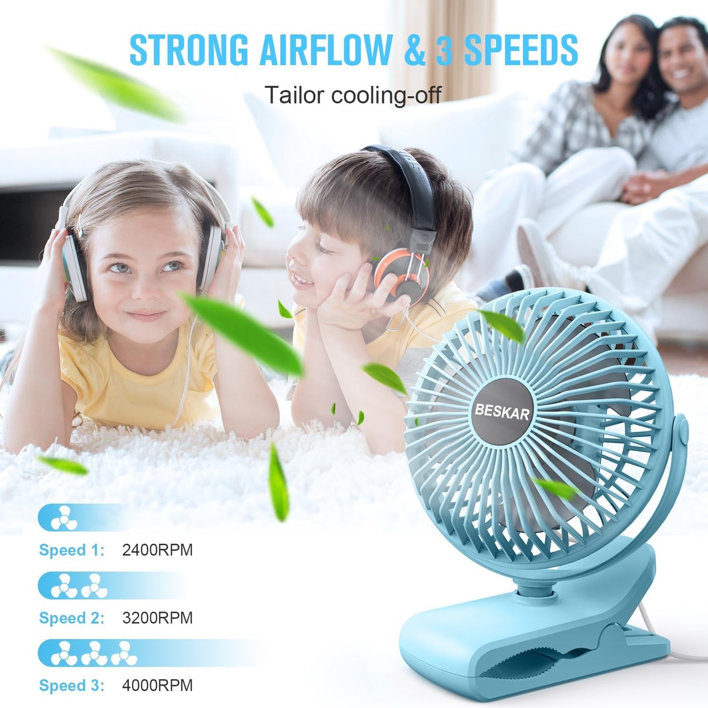 BESKAR USB Clip on Fan, Portable Small Desk Fan with Cord Powered | 3 Speeds Strong Airflow, Sturdy Clamp, Ultra Quiet Personal Cooling Fan for Office Dorm Bedroom Stroller