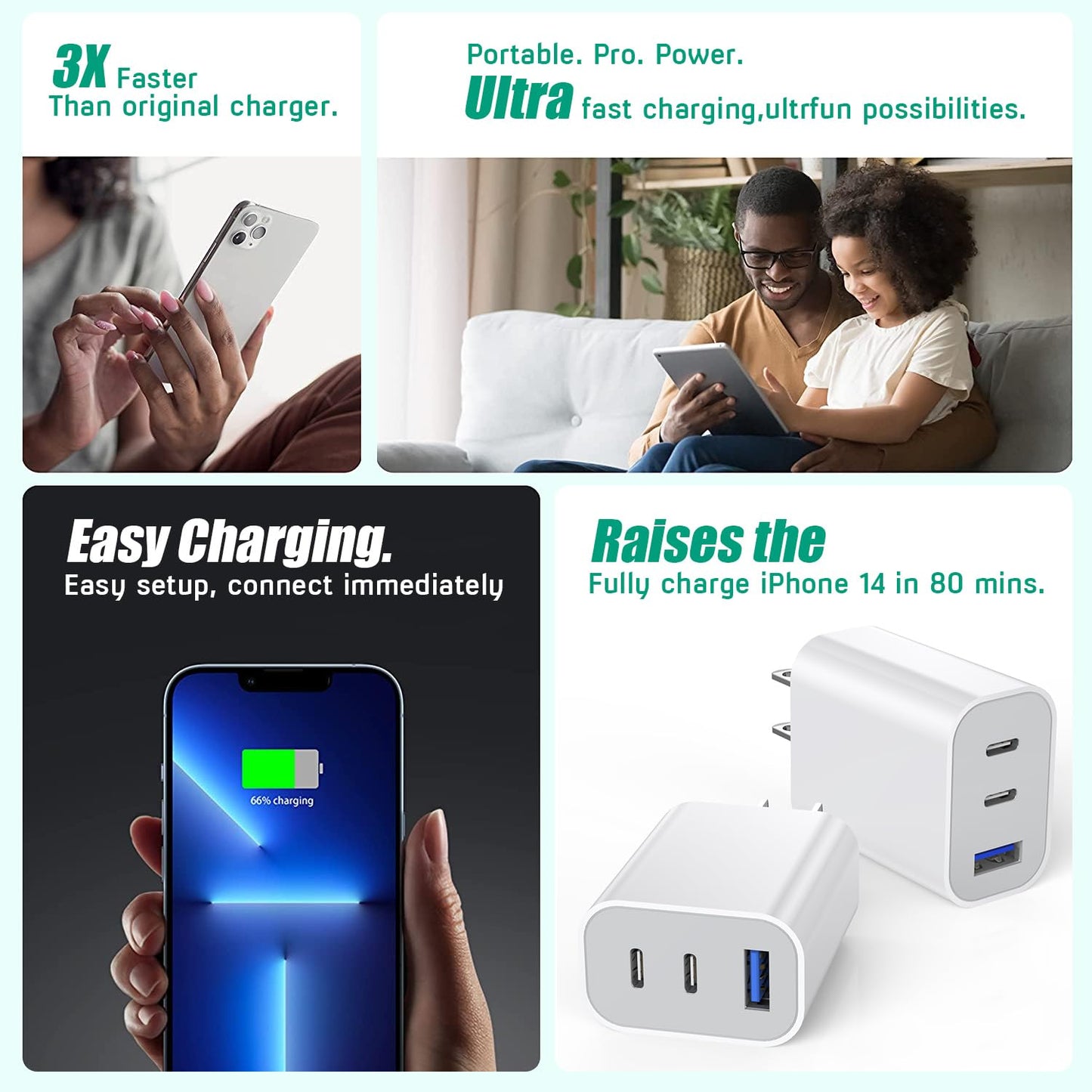 [2-Pack]iPhone 17 16e 15 Charger Block,35W 3-Port Fast USB C Charger Block Dual Port PD Power Adapter + QC Wall Plug Multiport USBC Wall Charge Block for iPhone 17/17 Air/17 16 15 Pro/Pro Max/14/13/12