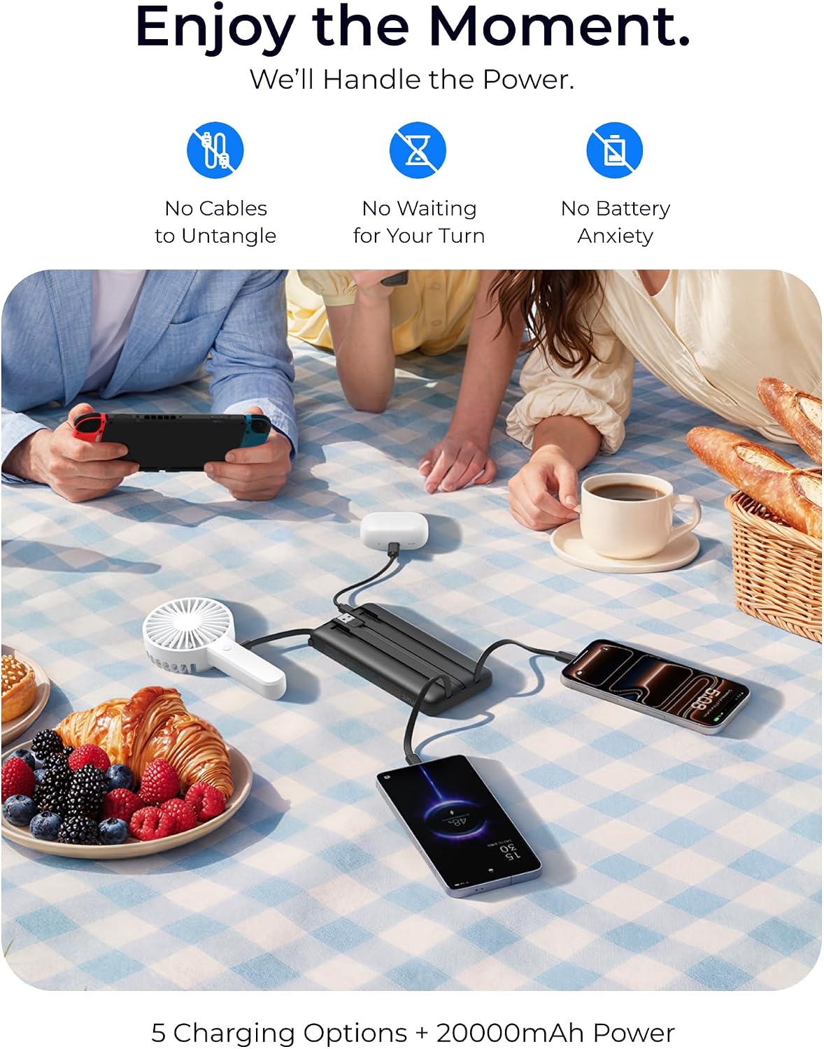 VRURC Portable Charger 4-Built-in-Cables 20000mAh Fast Charging Power Bank | Battery Protection,Flight-Approved,USB-C Cable,22.5W PD,Slim,Travel Essentials,Battery Pack for iPhone,iPad,Galaxy,Android