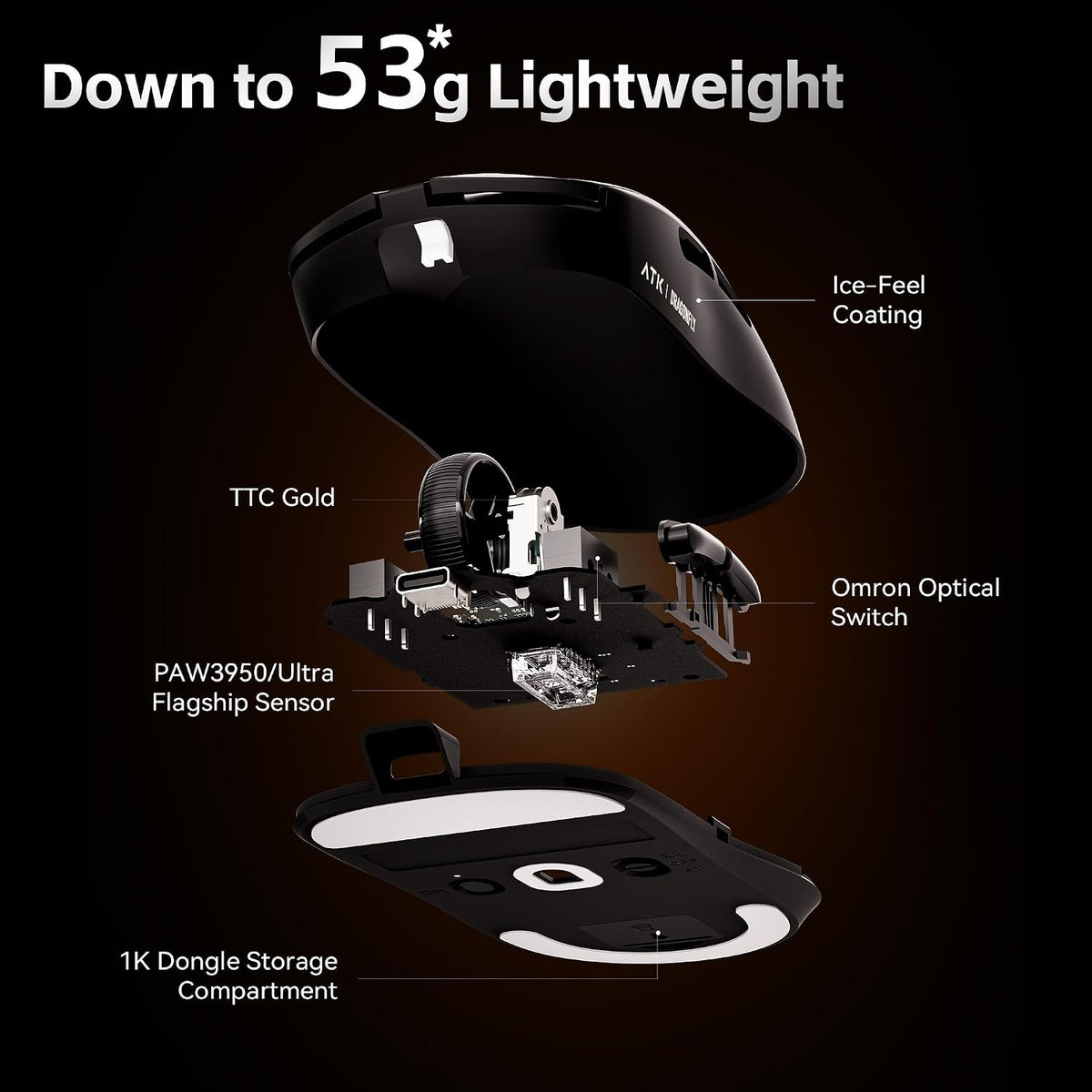 ATK Dragonfly A9 Plus Wireless Gaming Mouse, PAW3395 Sensor, DPI up to 26,000, 57g Lightweight, 240 Hr Battery Life, Ice-Feel Coating, Tri-Mode 2.4G/Bluetooth/Wired - White