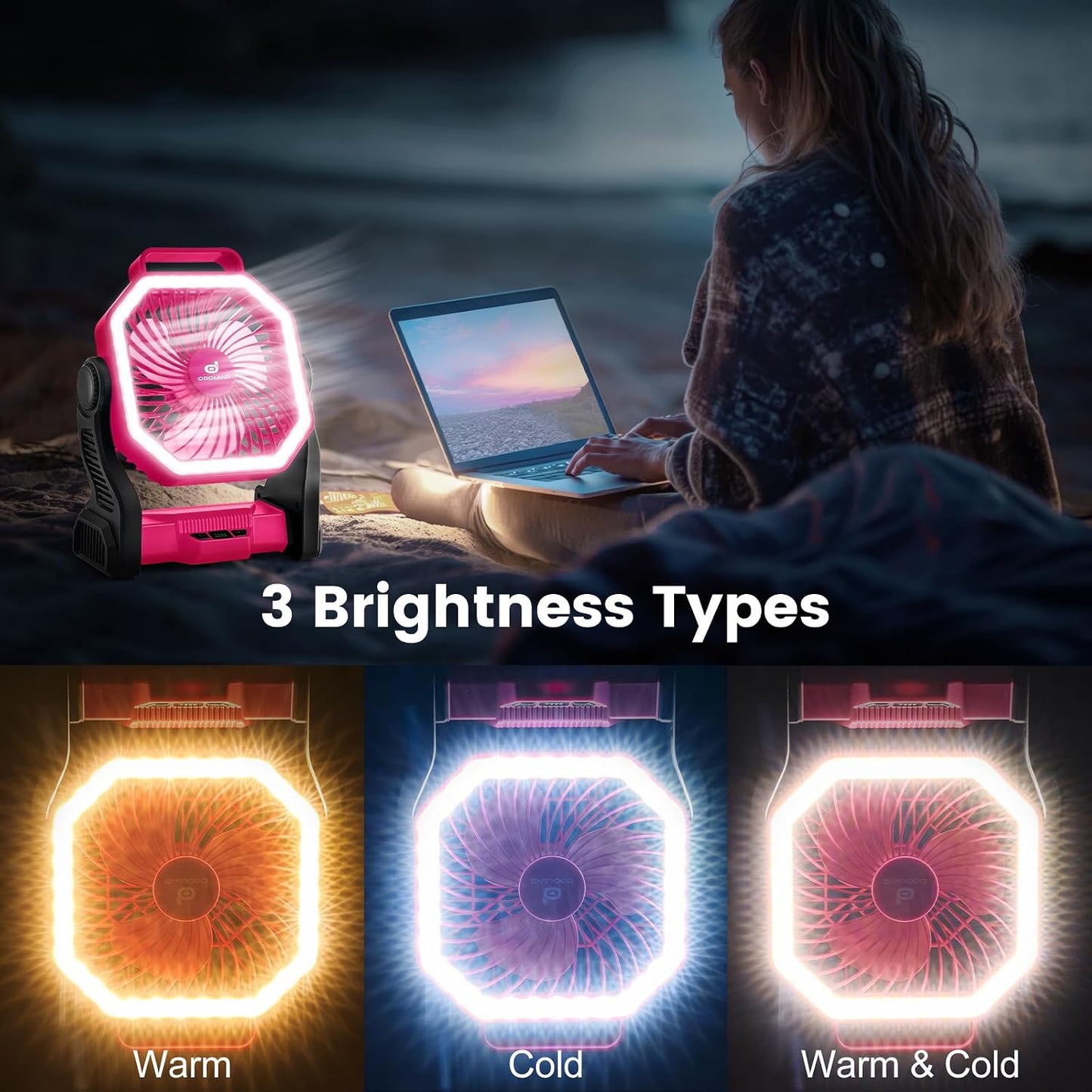 Odoland Portable Rechargeable Fan, 20000mAh Camping Fan with LED Lantern | 4-Speed Airflow & 3-Color Light Oscillating Fan with Hanging Hook for Tent Car Beach Hurricane Power Outage, Pink