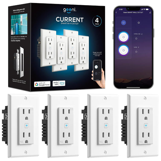 Geeni Smart WiFi in-Wall Outlet, White, 4 Pack – 2 Smart Outlets per Plug, Compatible with Alexa & Google Home, Tamper Resistant, Fire Resistant, App & Voice Control, Requires 2.4GHz WiFi