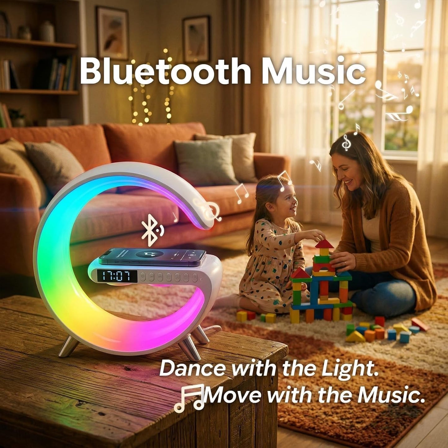 5 in 1 LED Table Lamp with Wireless Charging Bluetooth Speaker | App Controlled Night Light Alarm Clock for Christmas Birthday Gifts for Teens Adults Desk Office Bedroom Decor