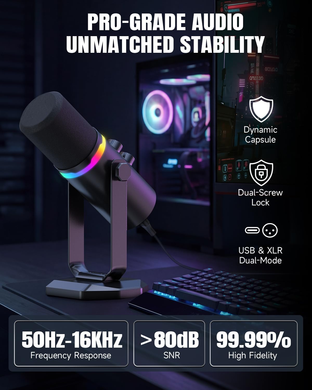 AOC USB/XLR Dynamic Microphone for PC Gaming, Podcast & Recording, Dual-Mode RGB Mic& Streaming Vocal Gear with Heavy-Duty Desk Stand, Clicky Mute, 7.5ft USB & 6.5ft XLR Cables Included