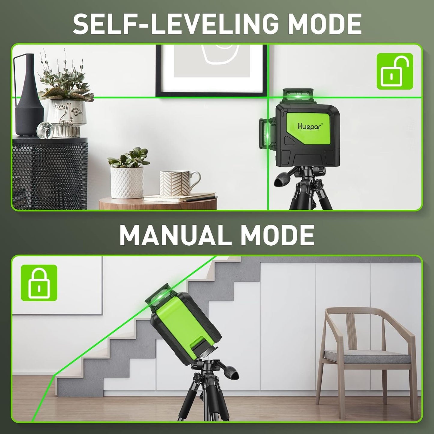 HUEPAR Self-Leveling Laser Level, 2×360 Green Beam Cross Line Laser Tool, Alignment 360-Degree Horizontal Line with Pulse Mode, Magnetic Pivoting Base Included