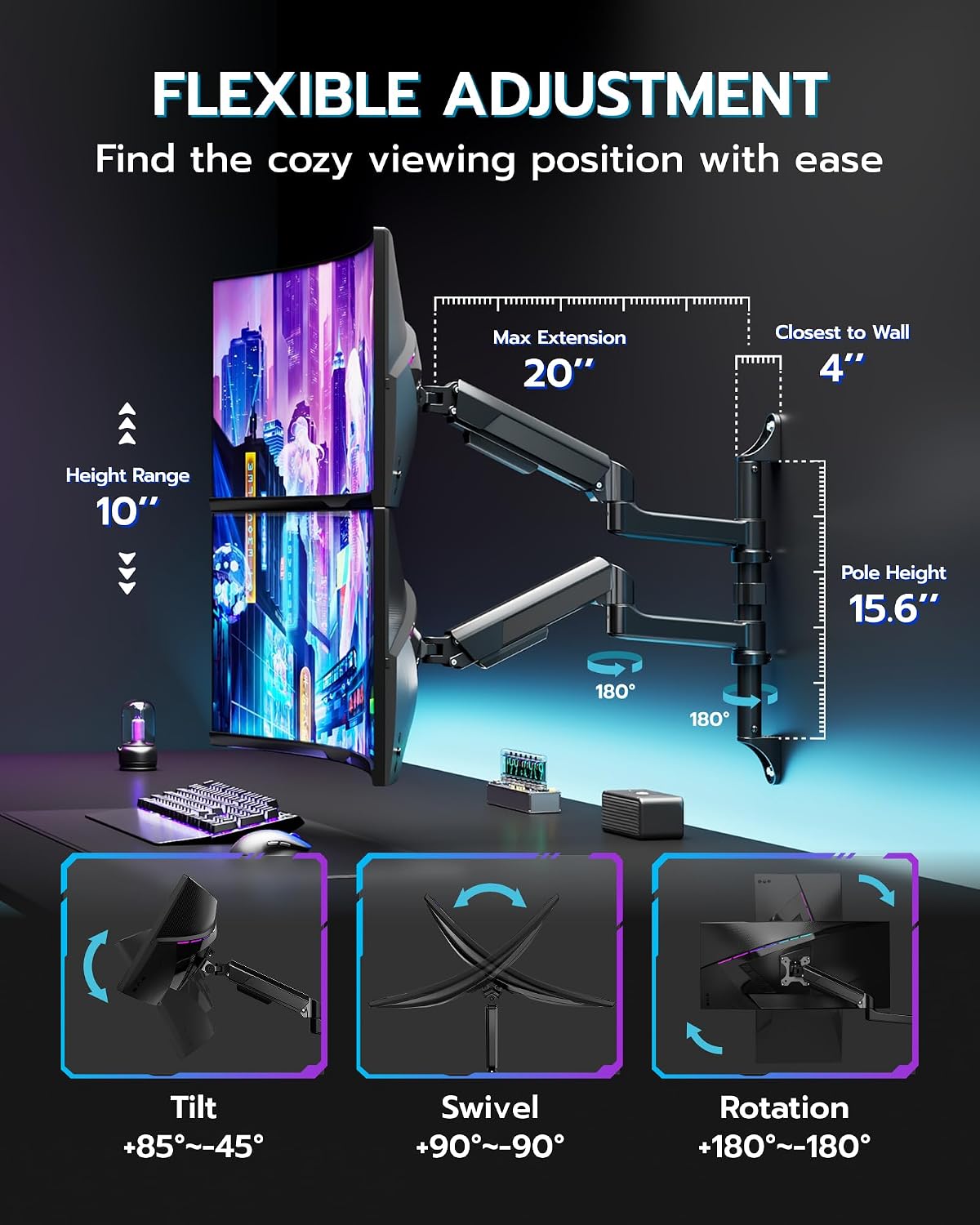ARES WING 17-40 Inch Ultrawide Vertical Dual Monitor Wall Mount, Black