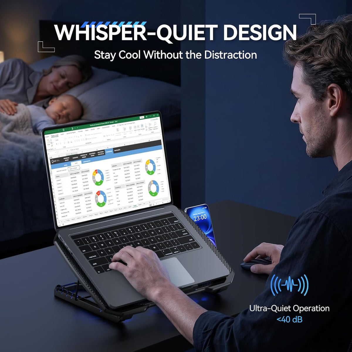 TECKNET Laptop Cooling Pad with Phone Stand, Laptop Cooler for 12-17.3 Inch | Stepless Speed Control to 2600 RPM, 360° All-Around Cooling, Whisper-Quiet Design, 5-Level Heights, Dual USB Ports