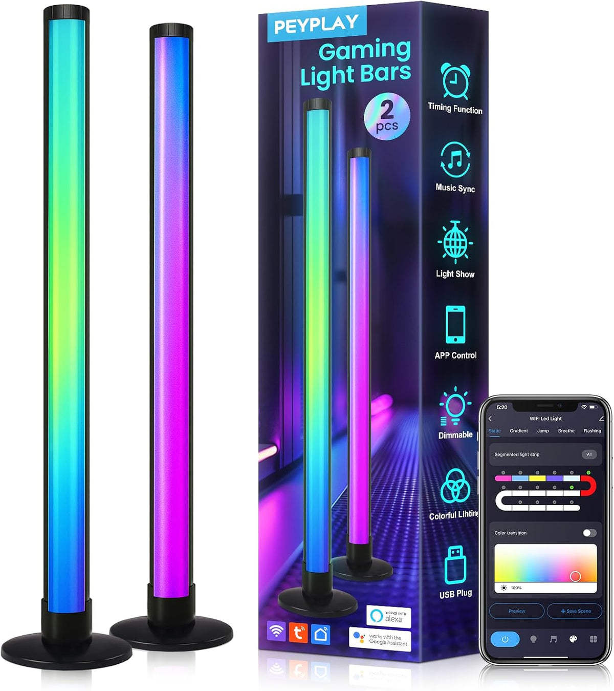 RGB+IC Ambient LED Light Bars for Gaming Room, PC, and Home Décor, USB Powered Mood Lighting with Music Sync, Alexa, App & Voice Control, Adjustable Brightness, DIY Effects