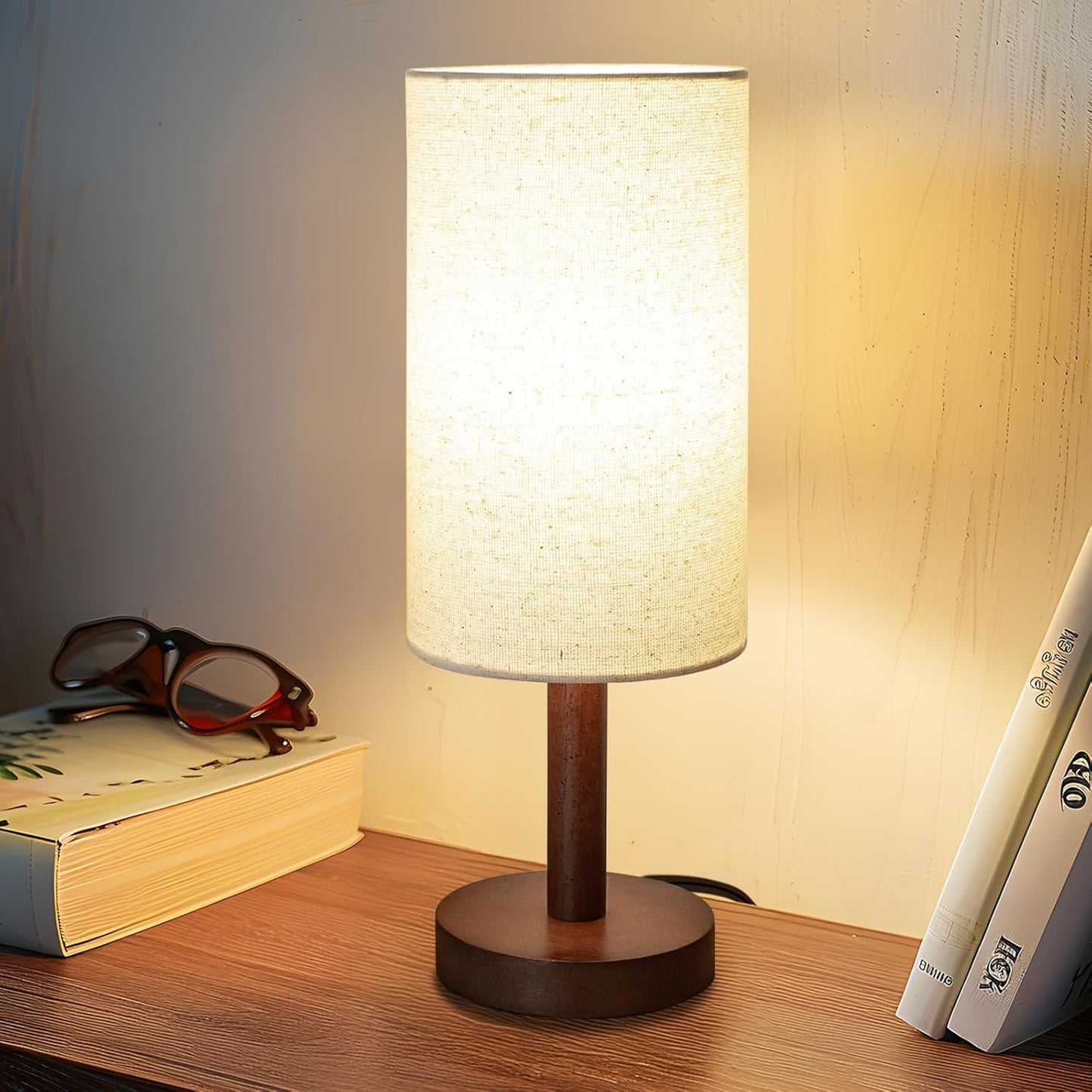 Small Table Lamp for Bedroom, Nightstand Lamp Linen Lampshade Bedroom Wood Base Small Bedside Lamp for Night Stands, Desk Lamps for Reading Living Room, Office (LED Bulb Included) (Black-Walnut Wood)