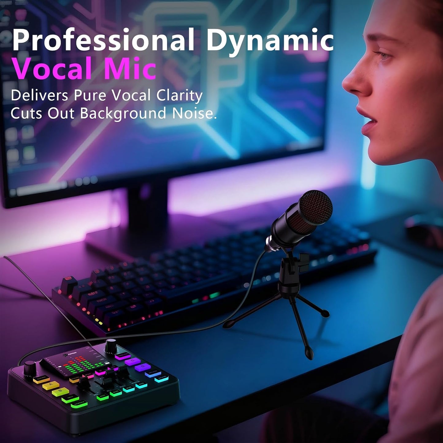 Podcast Equipment Bundle, Audio Mixer with Dynamic Microphone for PC, Gaming Equipment Set for Podcast Recording, Changer Voice/Denoise/Reverb/Bluetooth,Live Streaming, Video Vocals（Phone/PS5)