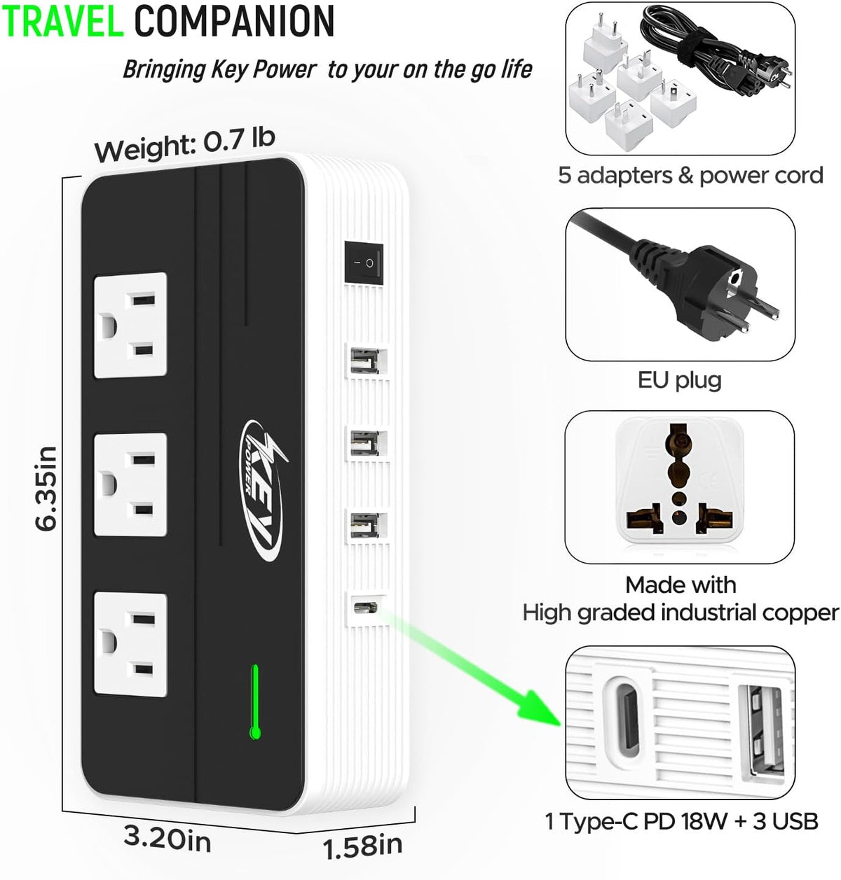 Key Power 230-Watt Step Down 220V to 110V Voltage Converter | International Travel Adapter/Power Converter with USB-C Port 18W - [Use for USA Appliance Overseas in Europe, AU, UK, etc.]