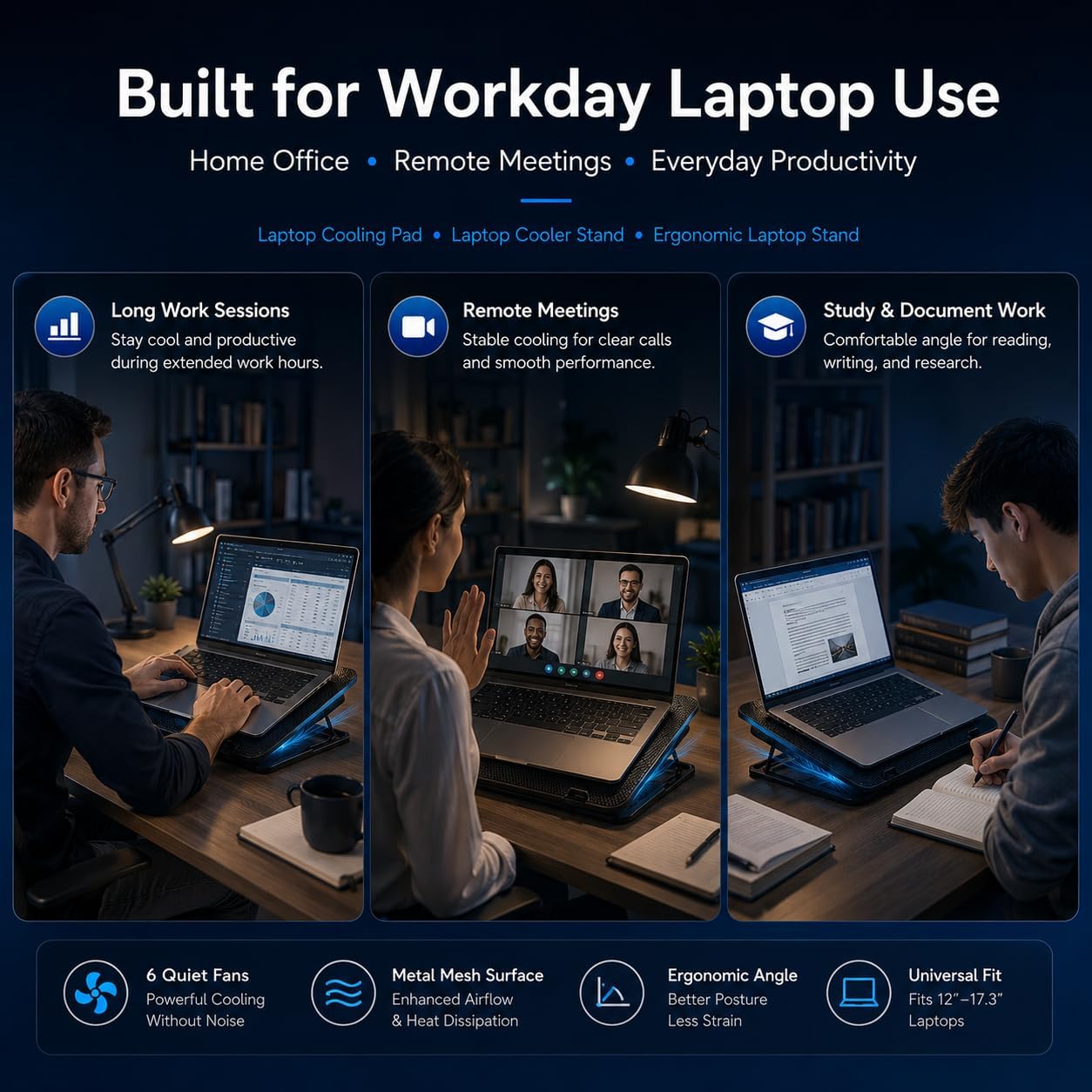 Rappet Laptop Cooling Pad, 6 Fans, 4-Level Stand, Dual USB, 12-17 Inch | Cooling and ergonomic support for 12-17 inch laptops, ideal for home offices, study spaces and daily work.