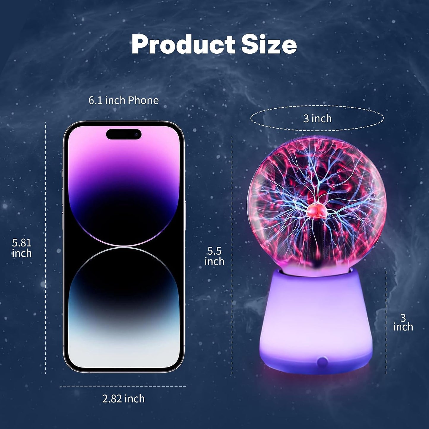 Plasma Ball Lamp 3-Inch, Touch Reactive Lightning Globe, USB-C Powered Electric Plasma Ball, 7-Color LED Base Night Light, Interactive STEM Science Toy, Desk Decor Gift