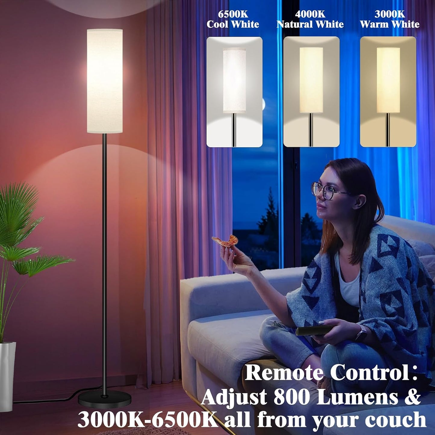 Qaubauyt Smart LED Floor Lamp with APP Control & RGB Colors - Dimmable Standing Lamp for Living Room, Bedroom, Gaming - Remote, Timer, 9W Bulb Included, 67" Modern Tall Lamp (black pole + white shade)