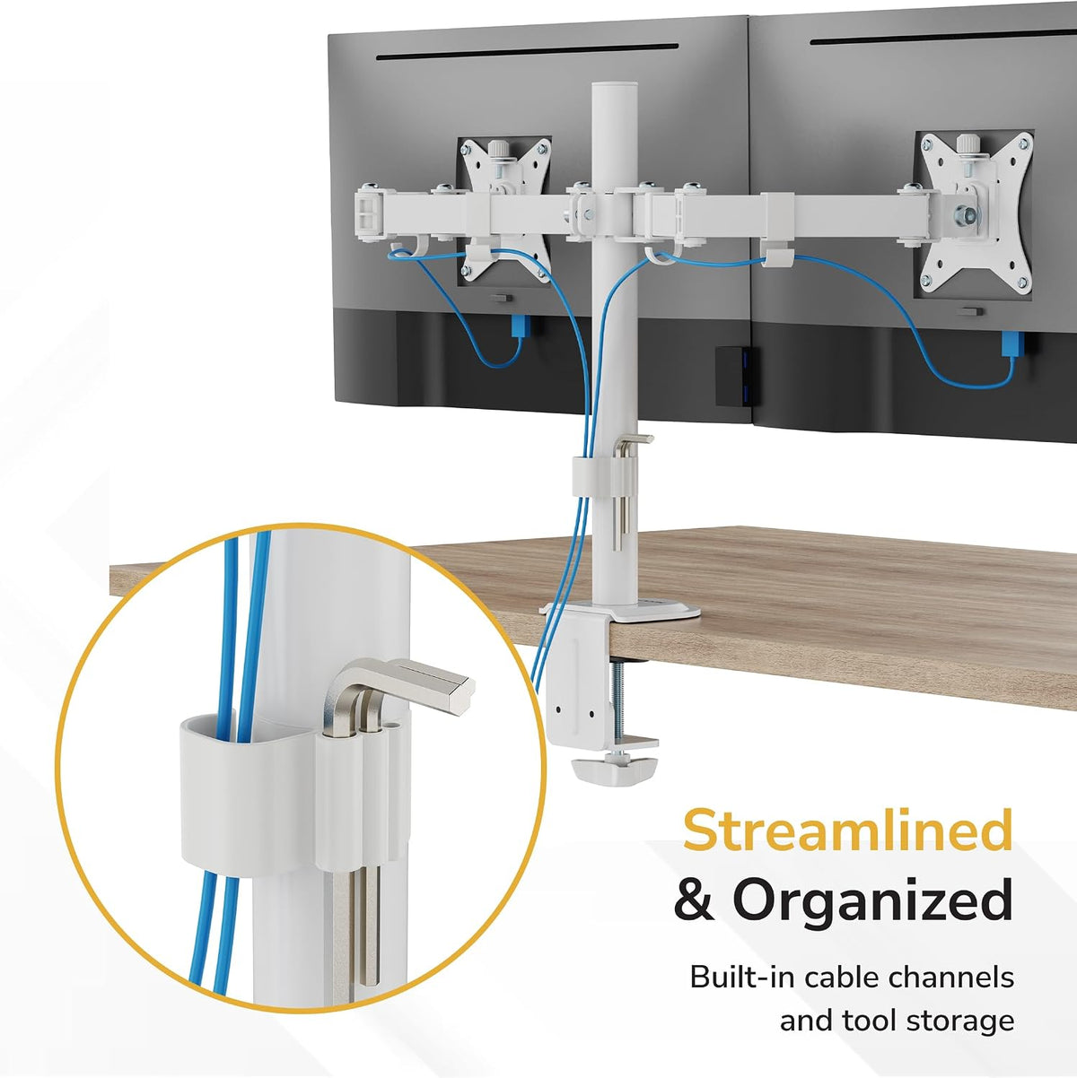 Mount-It Dual Monitor Mount for Desk, Full Motion White Steel 17-32 in | Desk Stand for 2 Monitors, 19.8 lbs per Arm, VESA 75x75 100x100, C-Clamp and Grommet, Cable Management, Height Adjustable