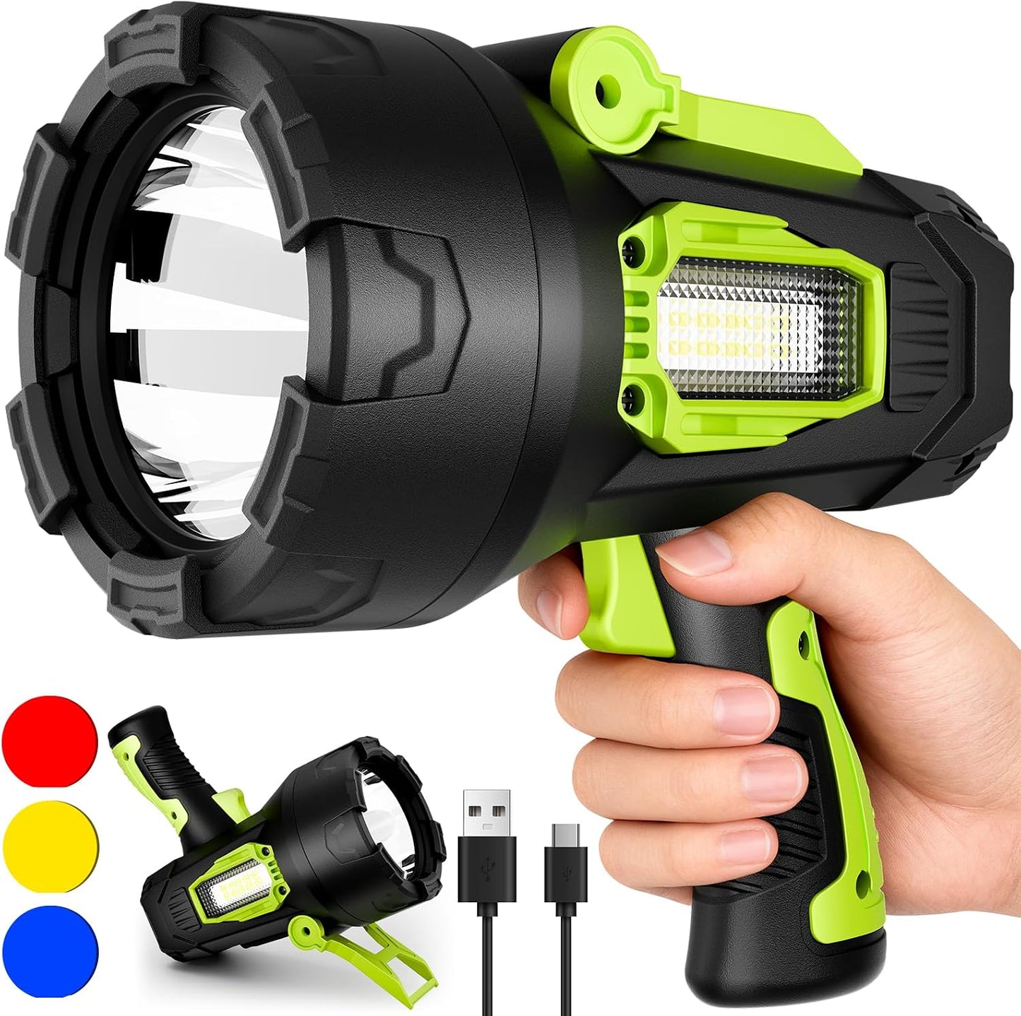Rechargeable Spotlight，2000000 Lumens Super Bright LED SpotLights Flashlight, Spot Lights Long Runtime Waterproof ，Spot Light Outdoor Handheld with Cob Light & Foldable Tripod for Camping